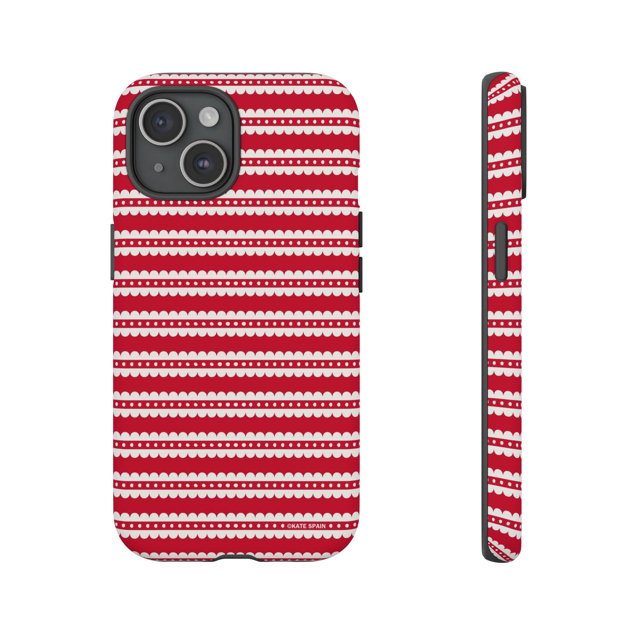 Candy Cane Stripe Tough iPhone 15 Case – Matte | red, cream scalloped candy cane stripe print
