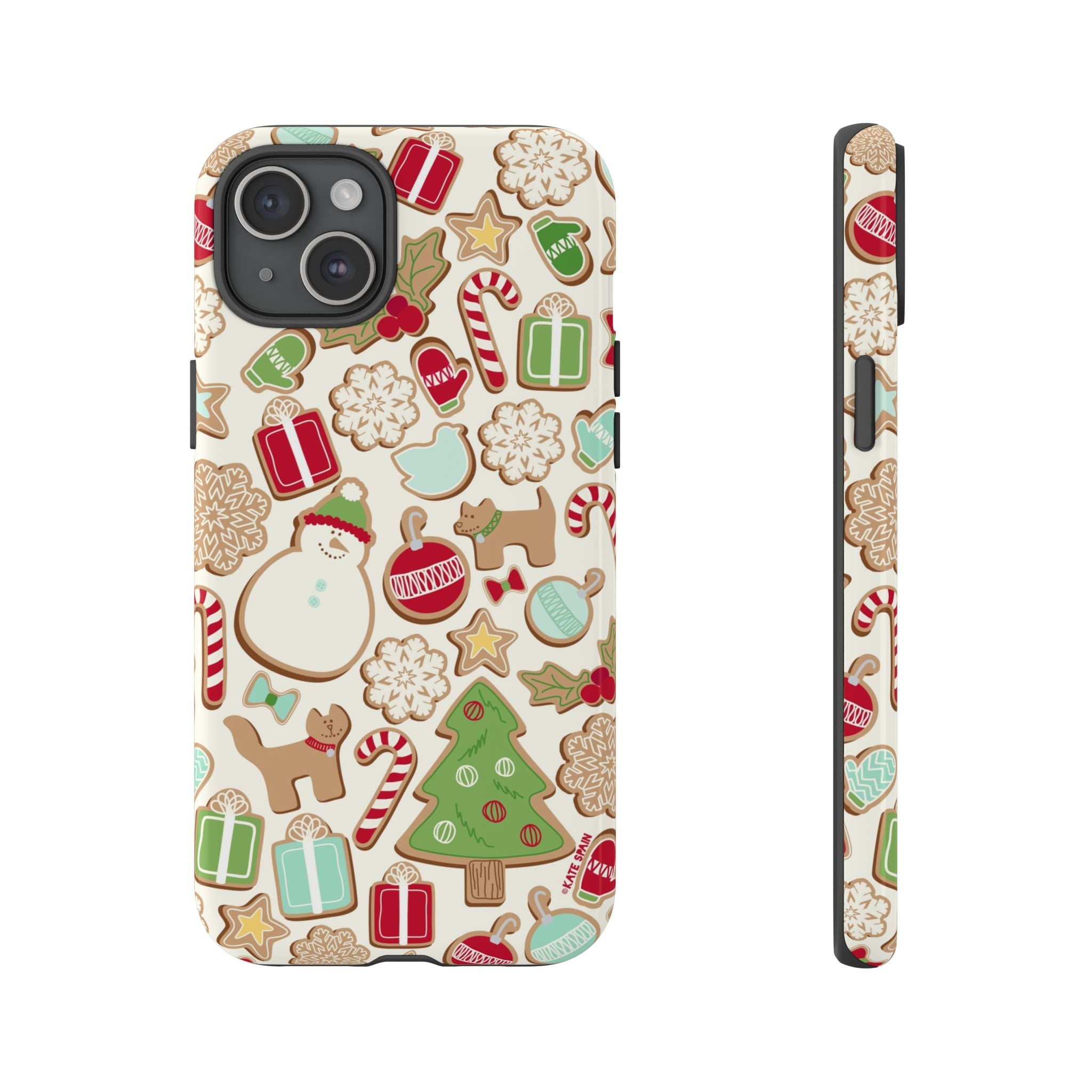 Gingerbread Cookies Tough iPhone 15 Plus Case – Glossy | cream, red, green gingerbread holiday cookie print