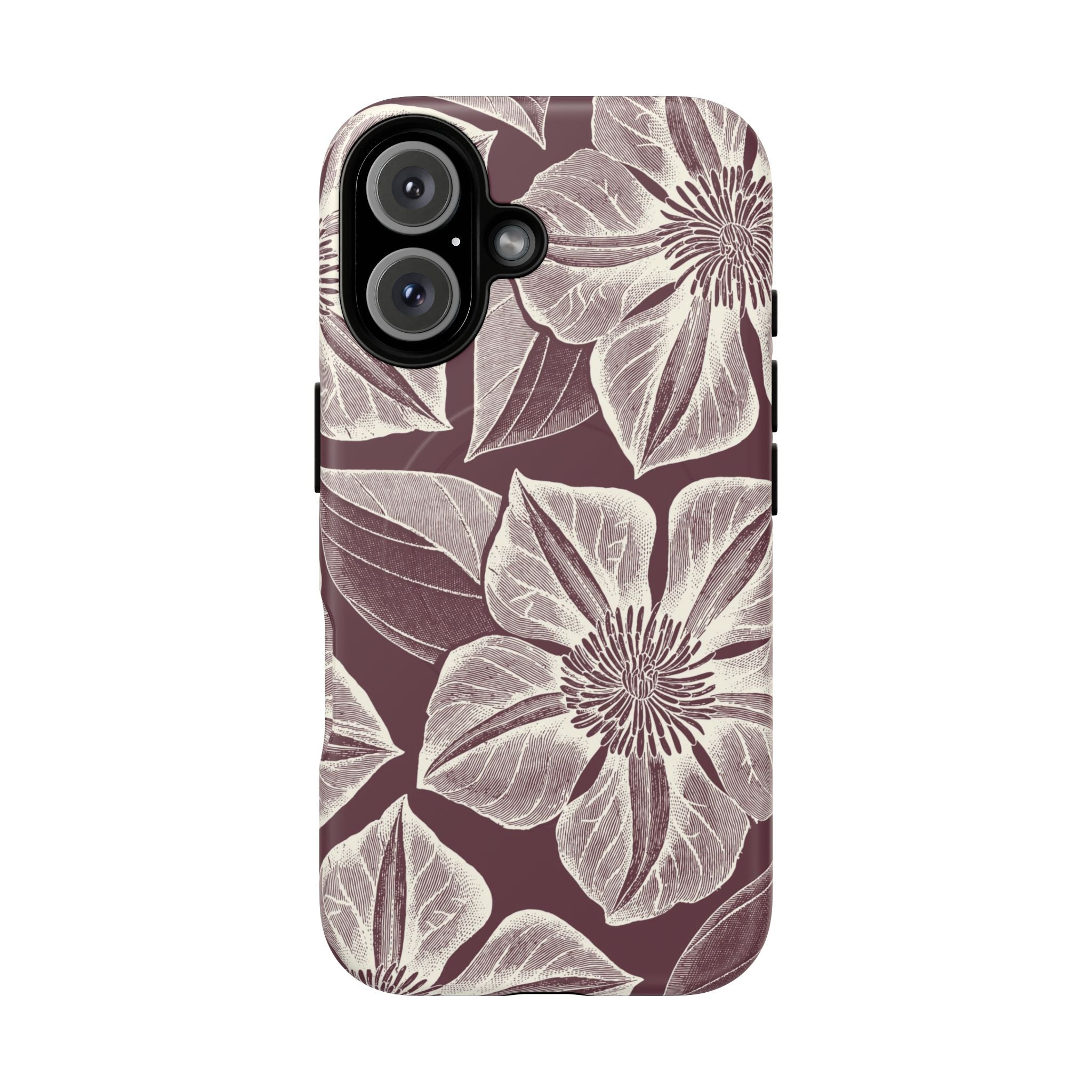 Vintage Bloom Burgundy MagSafe iPhone 16 Case – Glossy | burgundy ground, large-scale cream clematis print, engraved petal detail, dual-layer protection