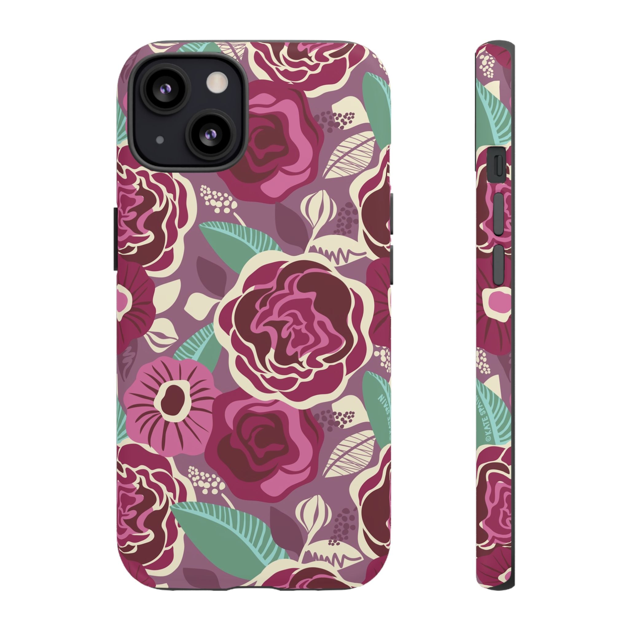 Tea Rose Burgundy Tough iPhone 13 Case – Glossy | burgundy, magenta, plum botanical rose floral print