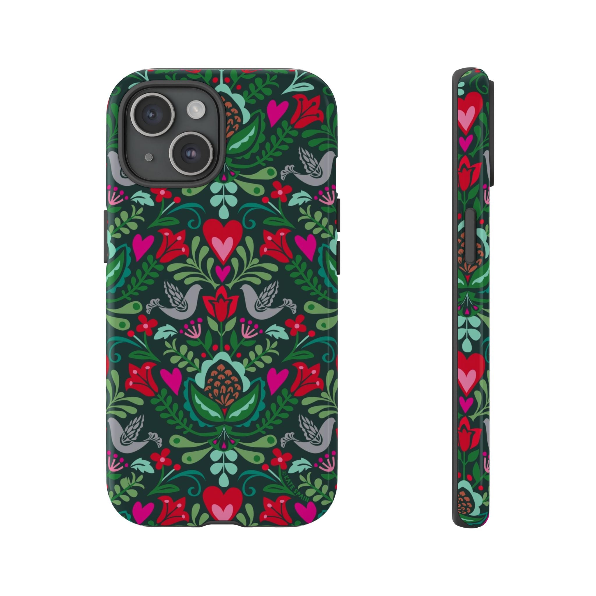 Rosemaling Tough iPhone 15 Case – Glossy | dark green, red, pink, gray folk art floral bird print