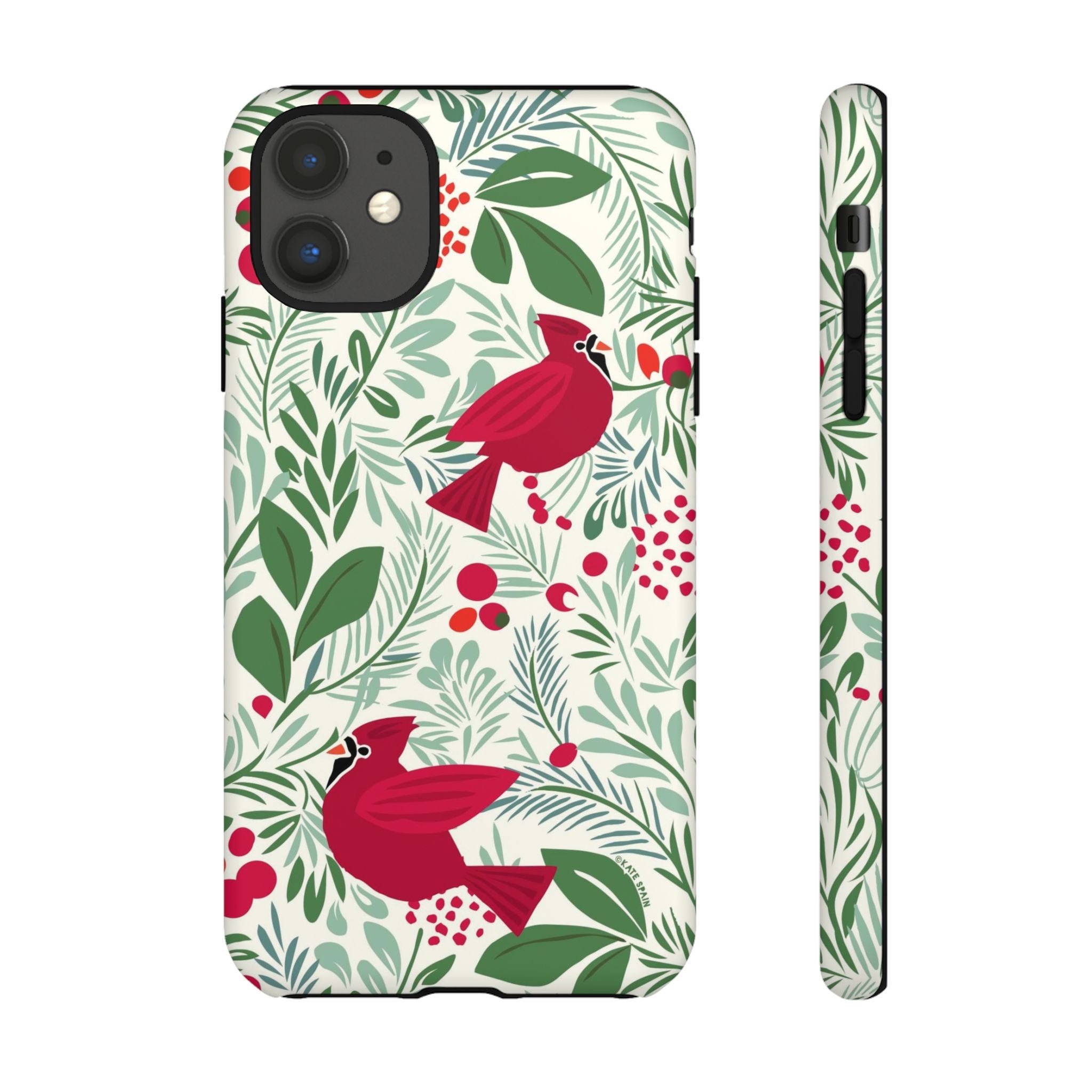 Birds and Berries Tough iPhone 11 Case – Matte | cream, red, green botanical cardinal berry print