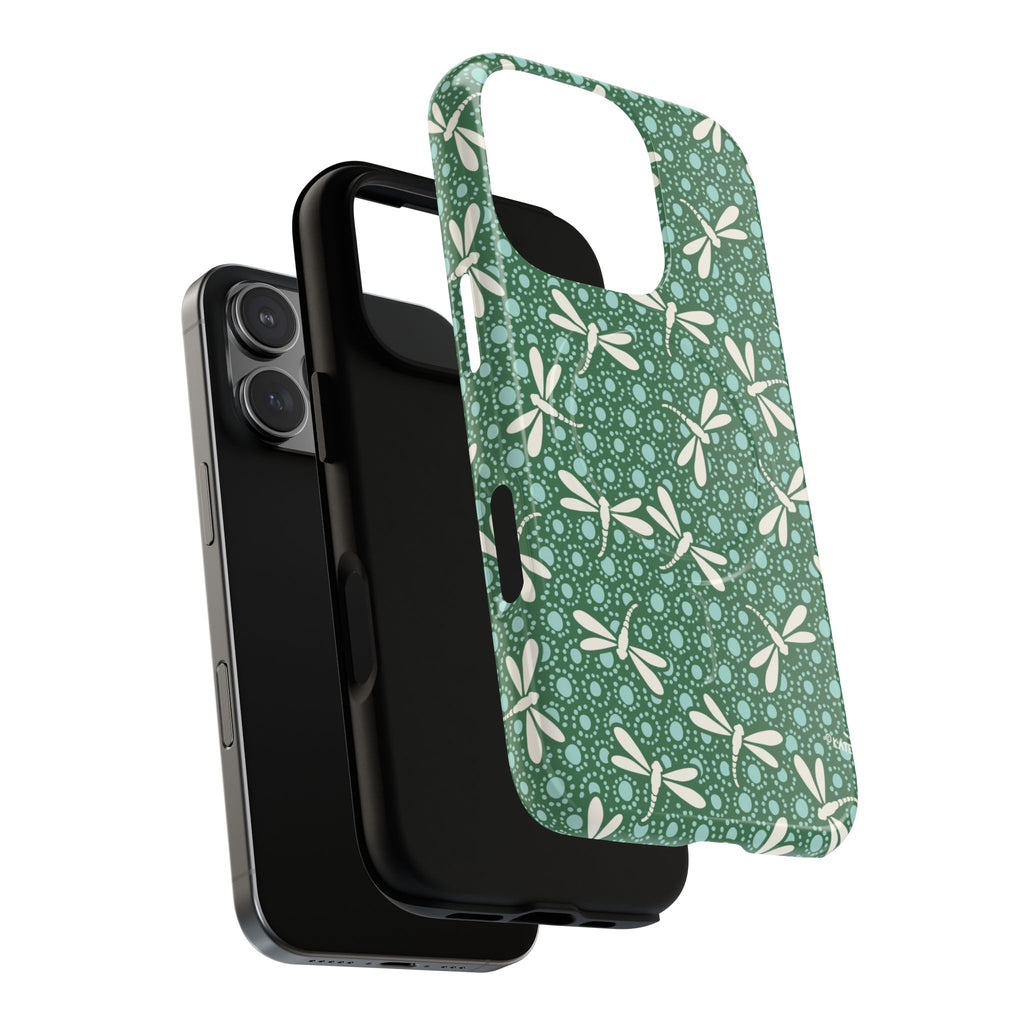 Designer Dragonfly MagSafe iPhone 16 Pro Case – layered construction of case | jade green, aqua, cream dragonfly print