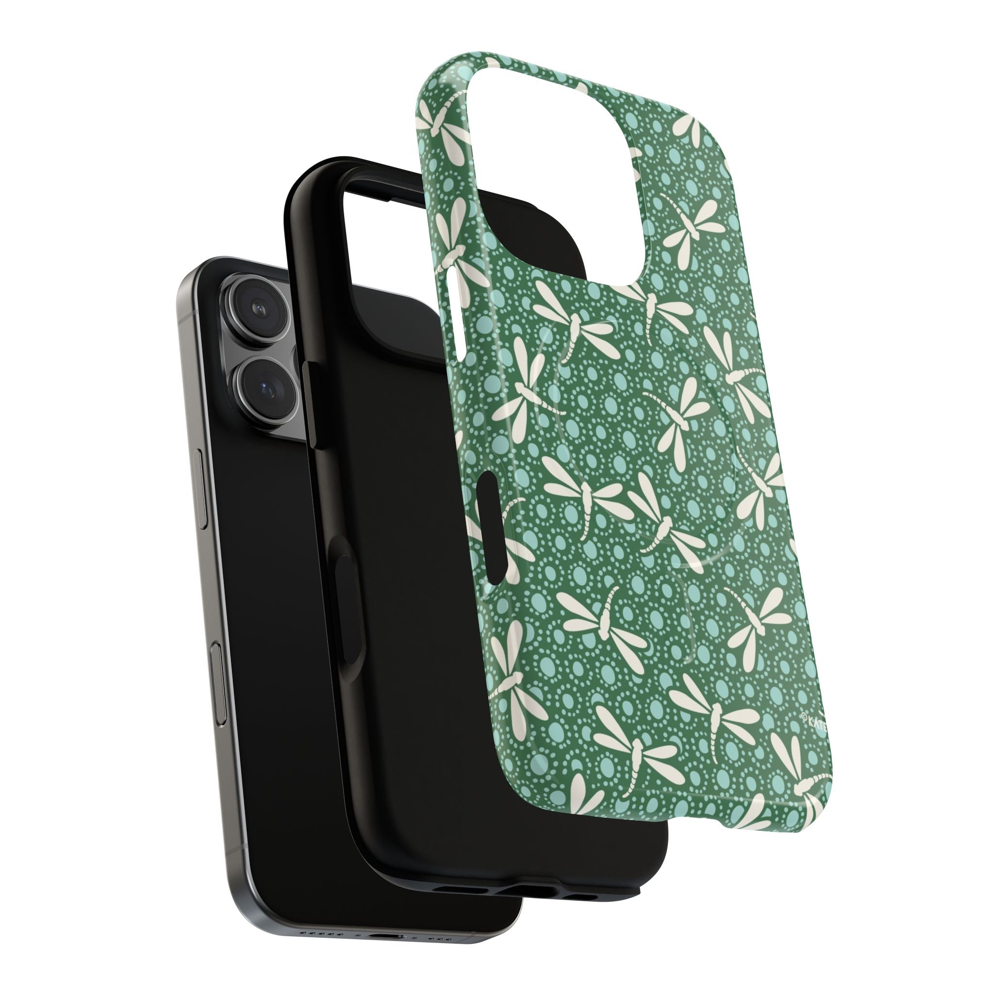 Designer Dragonfly MagSafe iPhone 16 Pro Case – layered construction of case | jade green, aqua, cream dragonfly print