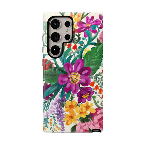 Tropical Posy Samsung Galaxy S24 Ultra Case – Glossy | white, magenta, yellow, purple vibrant botanical floral print
