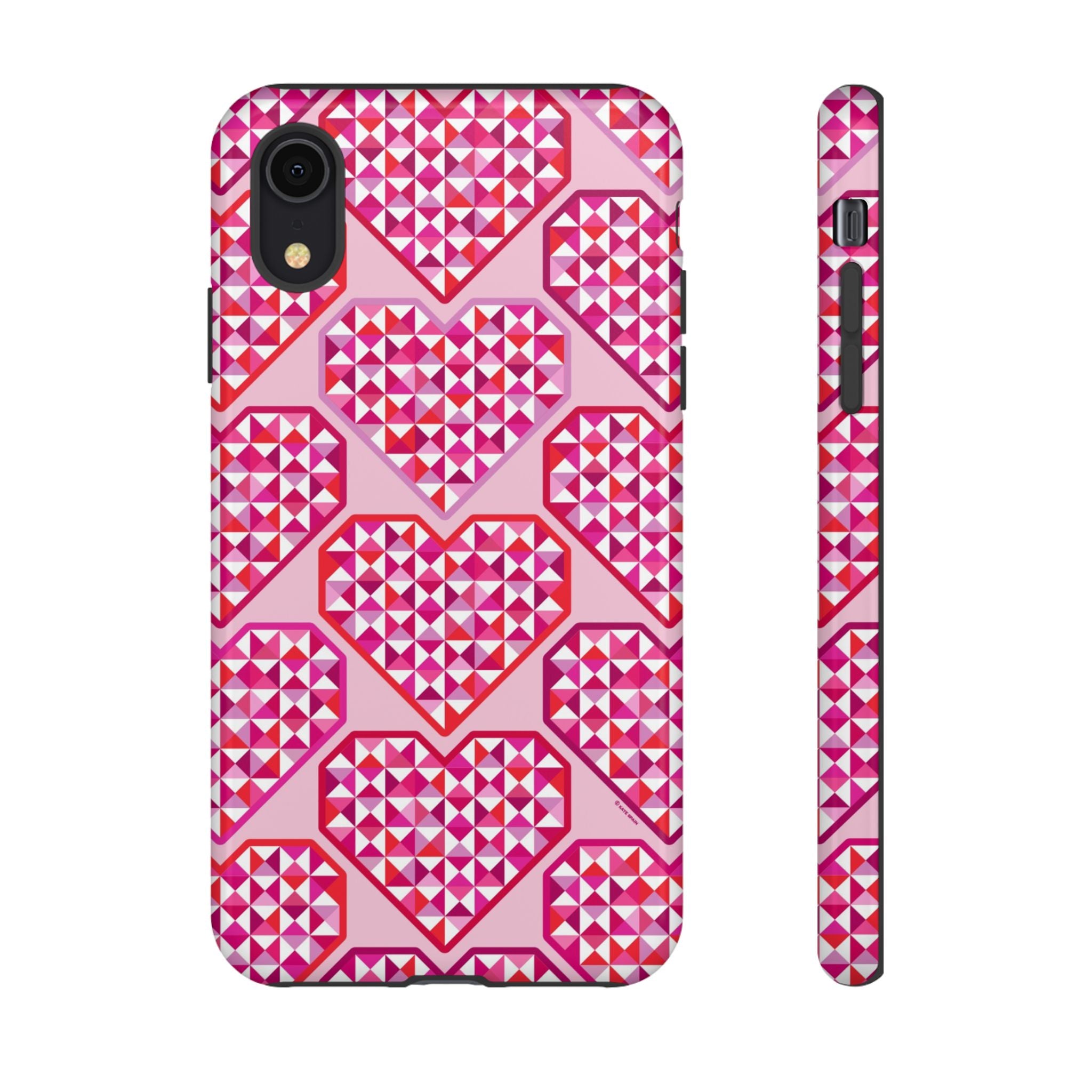 Pink Pyramid Heart Tough iPhone XR Case – Glossy | blush, pink, magenta, red geometric pyramid heart print
