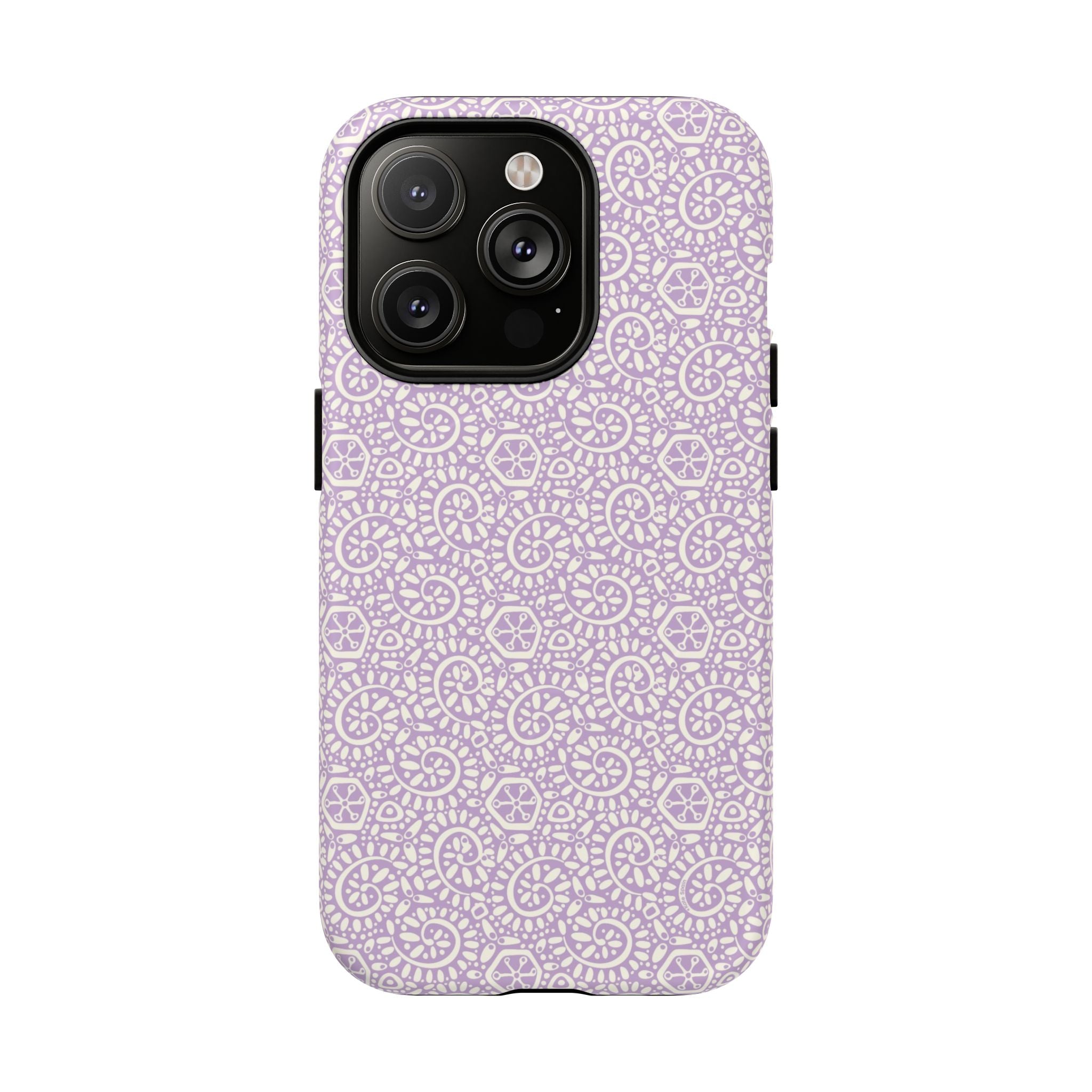 Canto Swirls Lavender MagSafe iPhone 14 Pro Matte Case — lavender hard case covered in an intricate folk-art medallion pattern of radiating circular motifs, dot clusters, and geometric centers