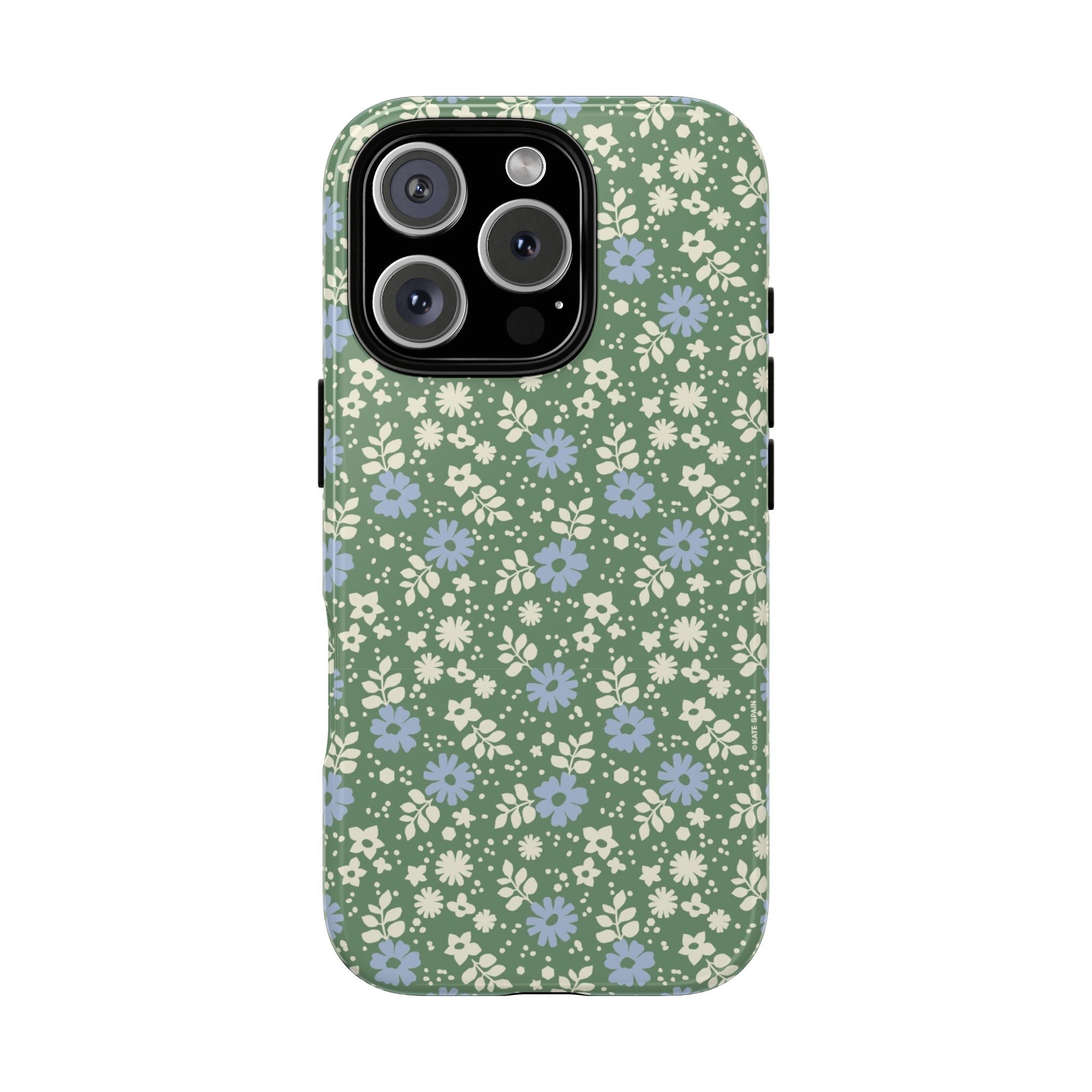 Petaline Tough iPhone 16 Pro Case – Glossy | green, blue, cream ditsy floral print