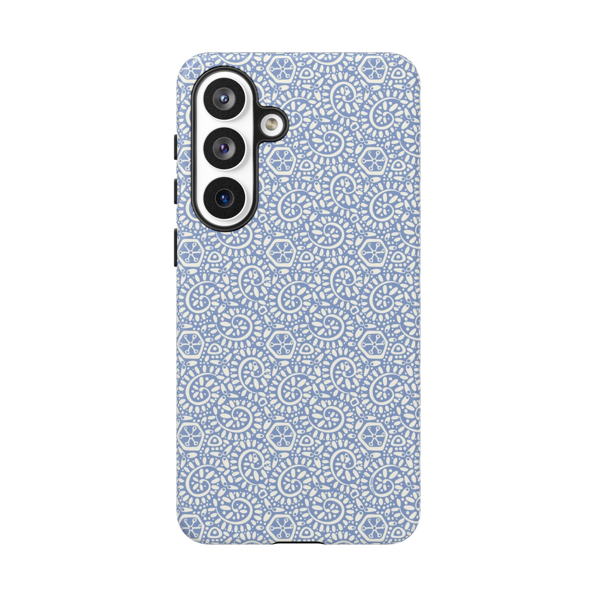 Canto Swirls Mist Samsung Galaxy S26 Plus Matte Case — periwinkle blue hard case covered in an intricate folk-art medallion pattern of radiating white circular motifs, dot clusters, and geometric centers