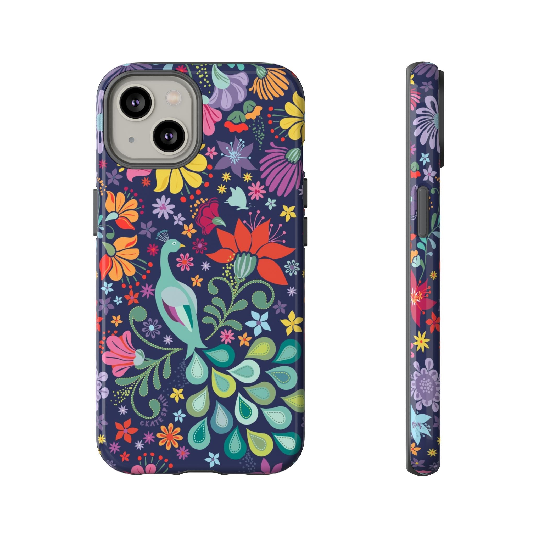 Peacock Sanctuary Tough iPhone 14 Case – Glossy | navy, teal, coral multicolor vibrant peacock feather botanical print