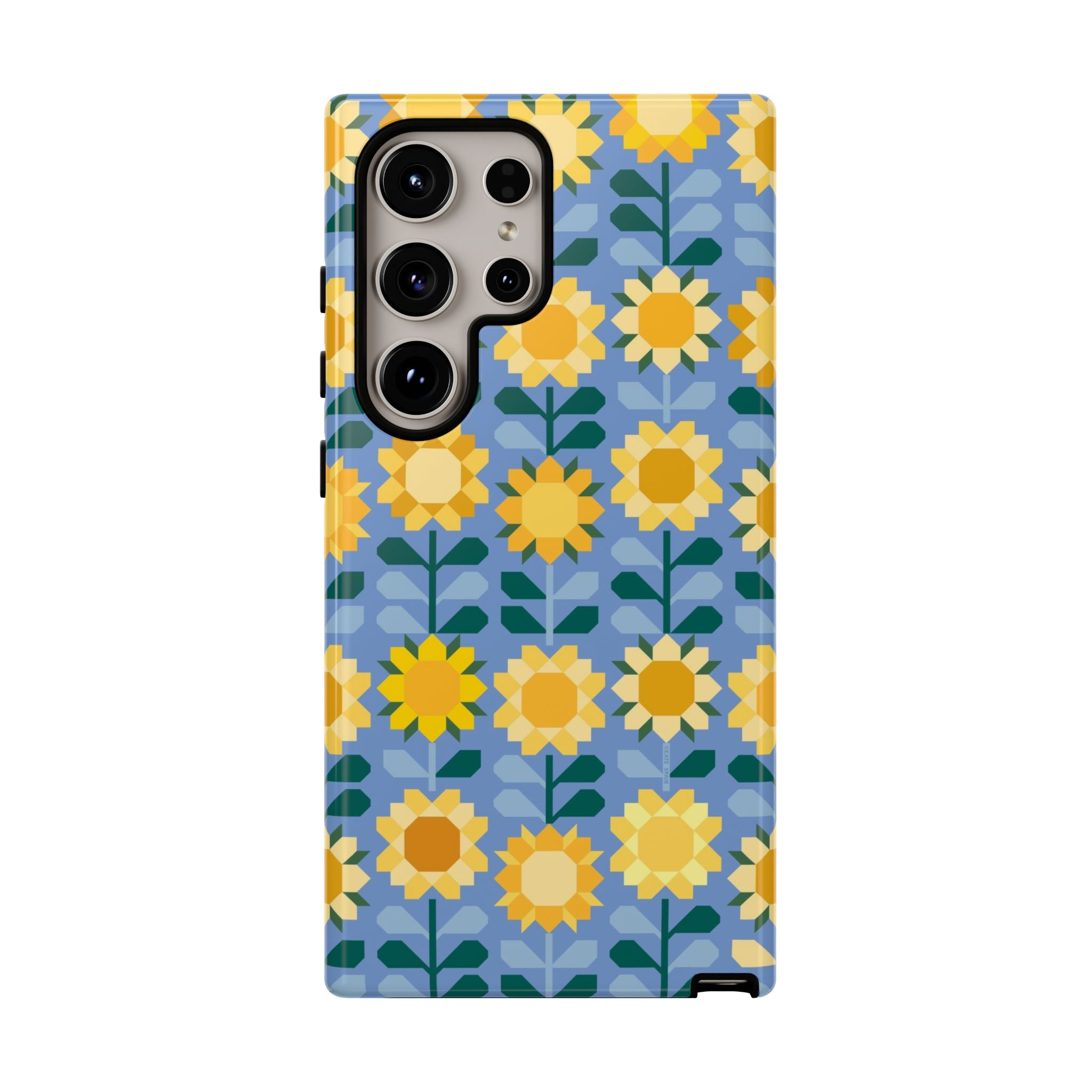 Luxury Sunflowers Samsung Galaxy S24 Ultra Case – Glossy | blue, yellow, gold geometric sunflower print 