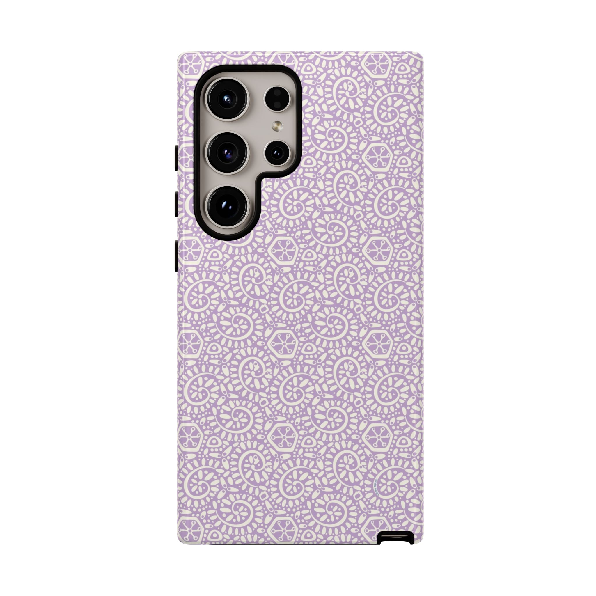 Canto Swirls Lavender Samsung Galaxy S24 Ultra Glossy Case — lavender hard case covered in an intricate folk-art medallion pattern of radiating circular motifs, dot clusters, and geometric centers