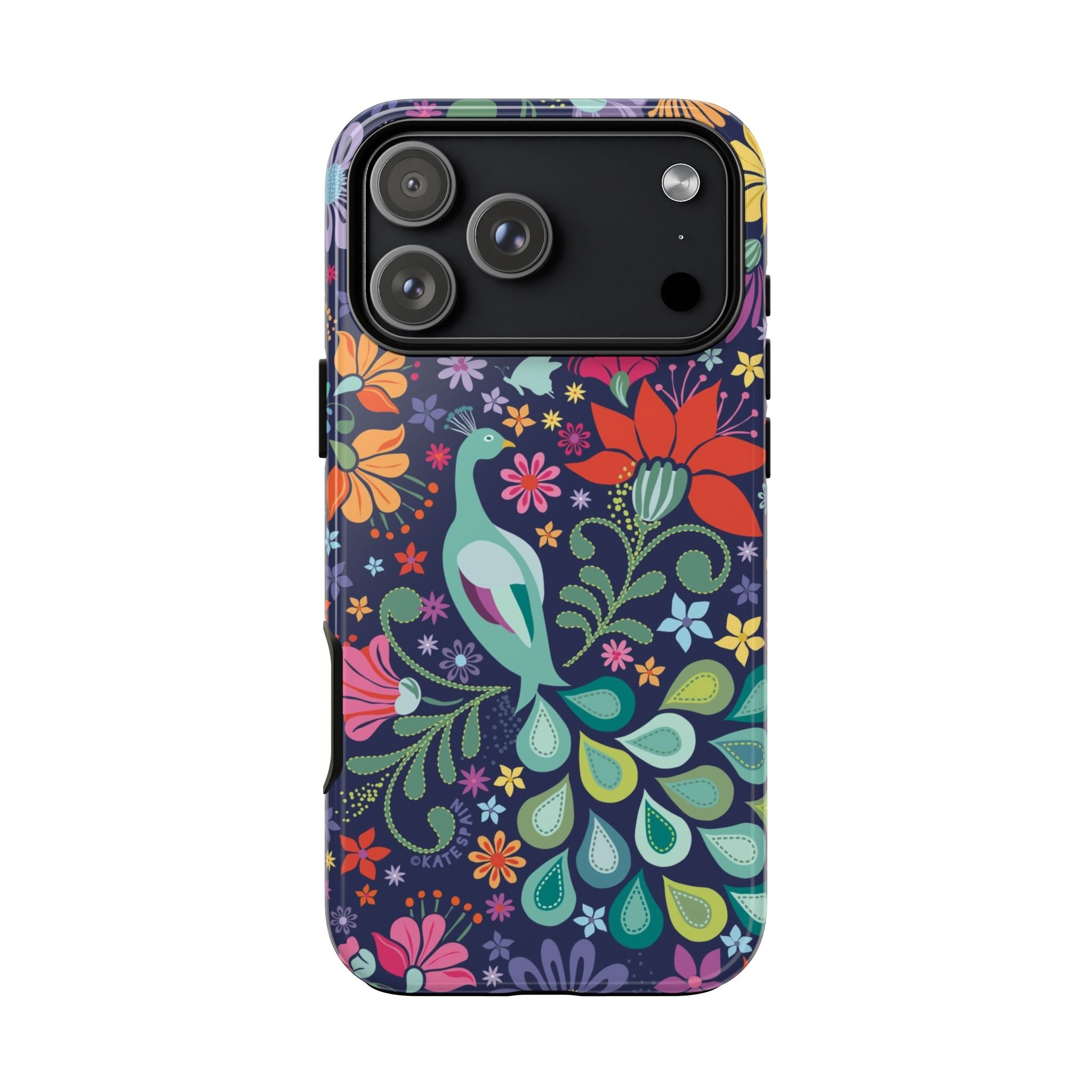 Peacock Sanctuary Tough iPhone 17 Pro Max Case – Glossy | navy, teal, coral multicolor vibrant peacock feather botanical print