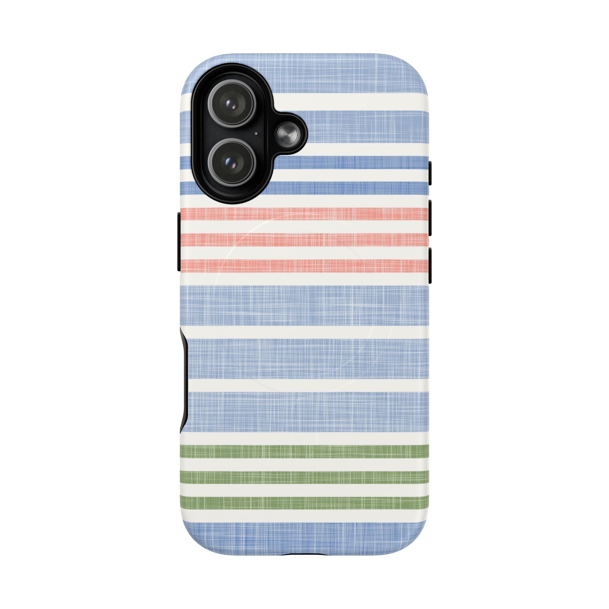 Cabana Stripe Pastel MagSafe iPhone 17 Case – Matte | soft blue, coral, sage green chambray-textured stripe print MagSafe compatible, dual-layer protection