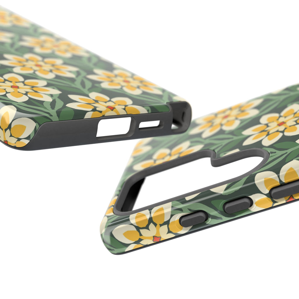 Luxury Modern Dahlia Samsung Galaxy S25 Ultra Case – Glossy | close-up of sides of case in forest green, yellow, cream modern dahlia print