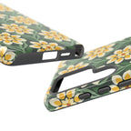Luxury Modern Dahlia Samsung Galaxy S25 Ultra Case – Glossy | close-up of sides of case in forest green, yellow, cream modern dahlia print