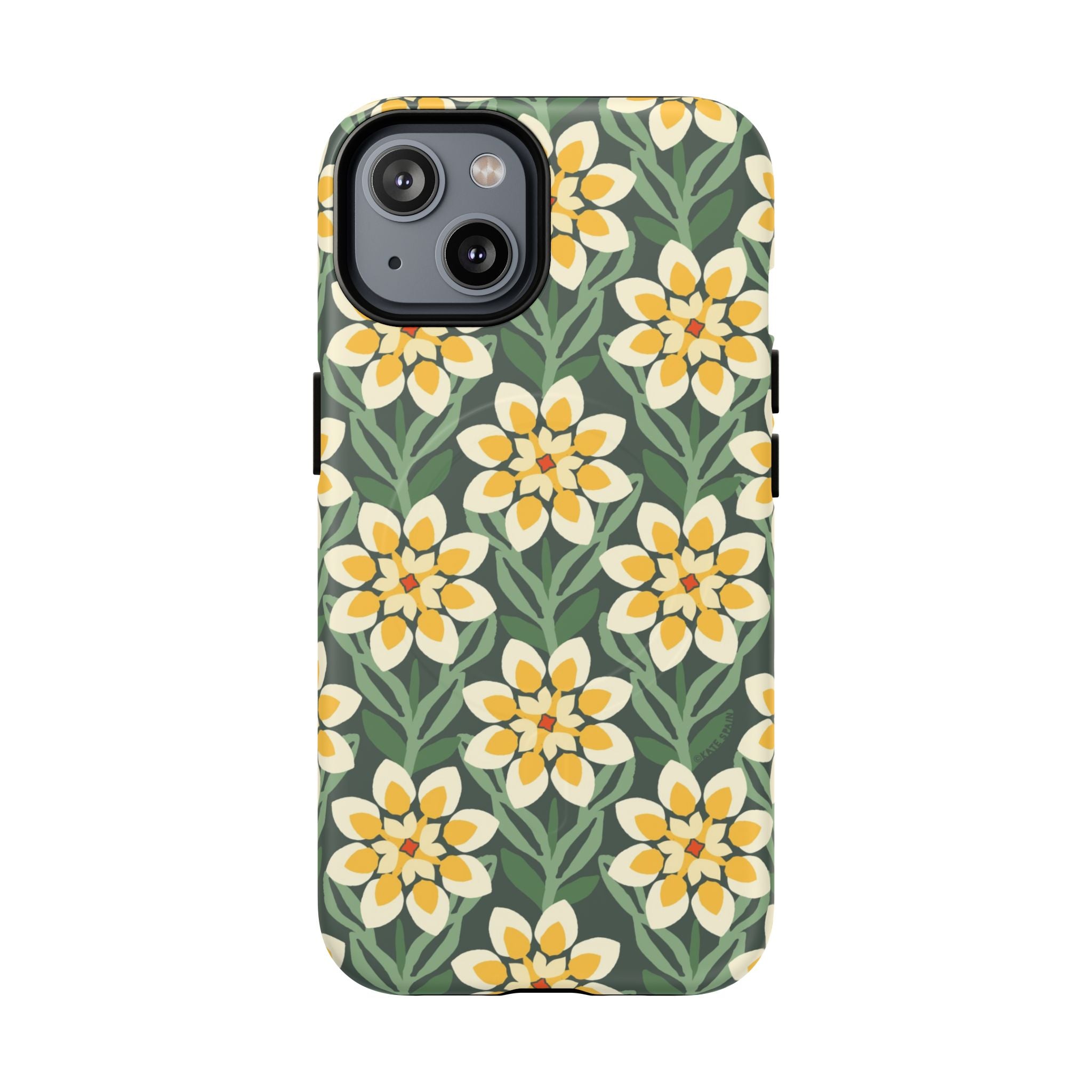 Designer Modern Dahlia MagSafe iPhone 14 Case – Matte | yellow, cream, green dahlia floral print