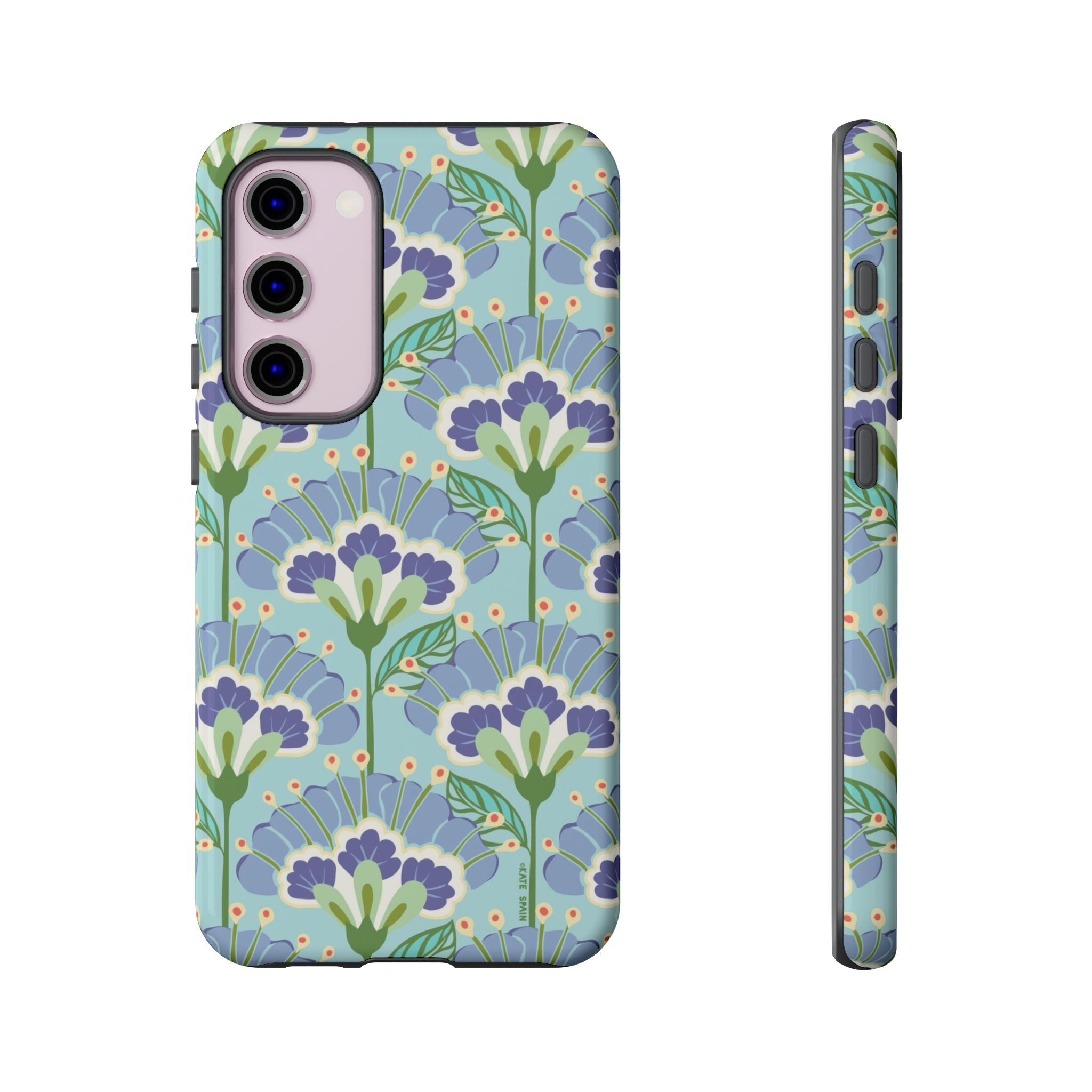 Lantern Flower Samsung Galaxy S23 Plus Case – Glossy | light blue, lavender, lime green floral print
