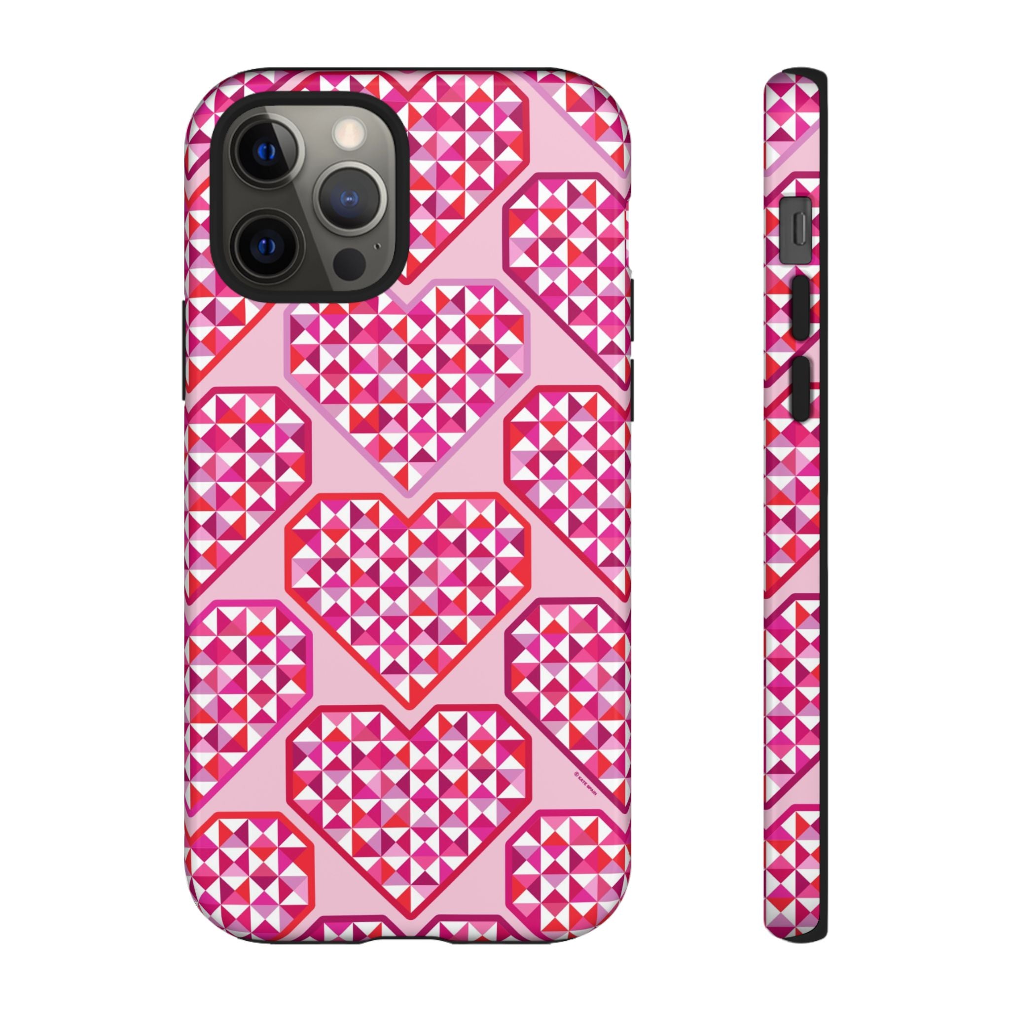 Pink Pyramid Heart Tough iPhone 12 Pro Case – Glossy | blush, pink, magenta, red geometric pyramid heart print