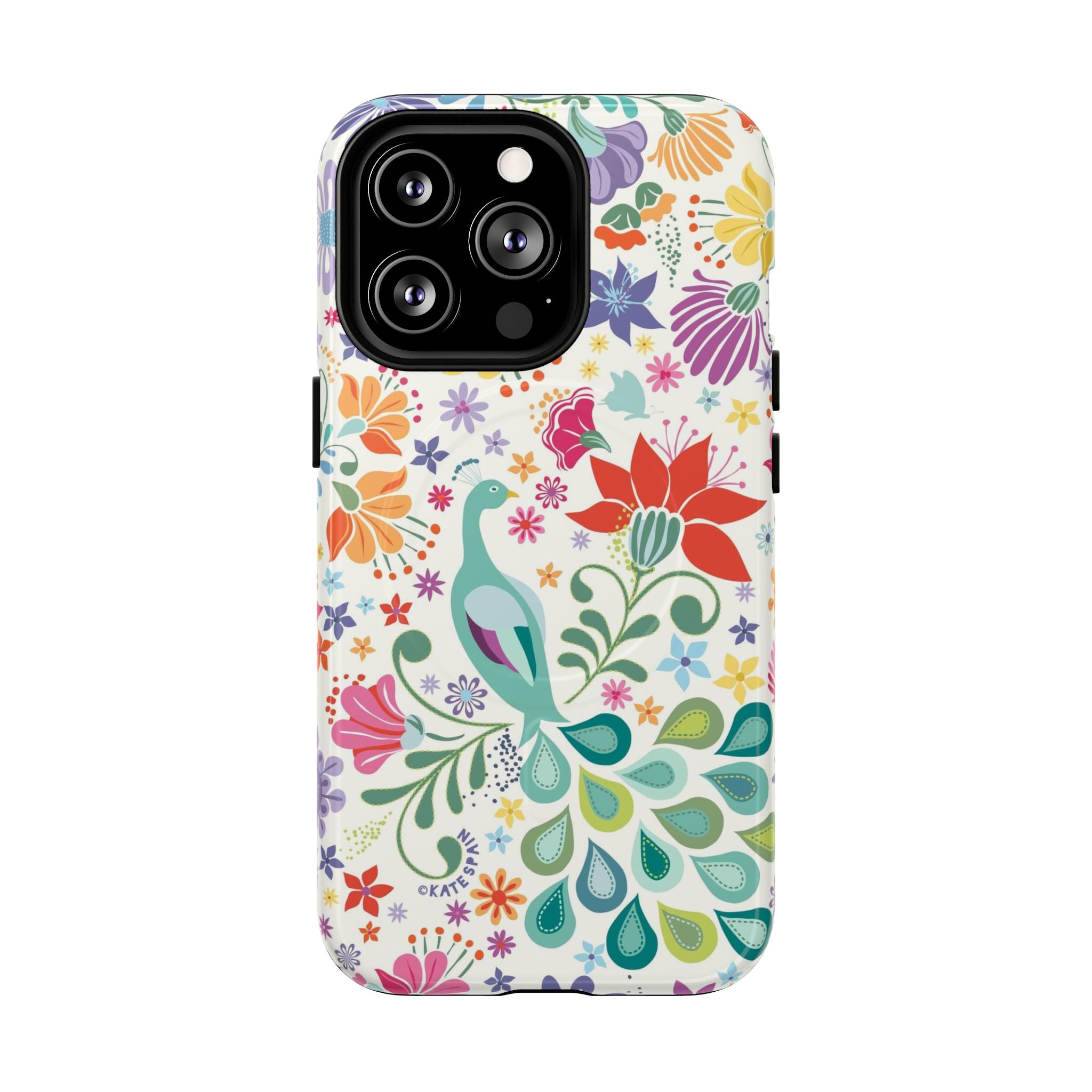 Peacock Sanctuary MagSafe iPhone 13 Pro Case – Glossy | cream, teal, coral multicolor vibrant peacock feather botanical print