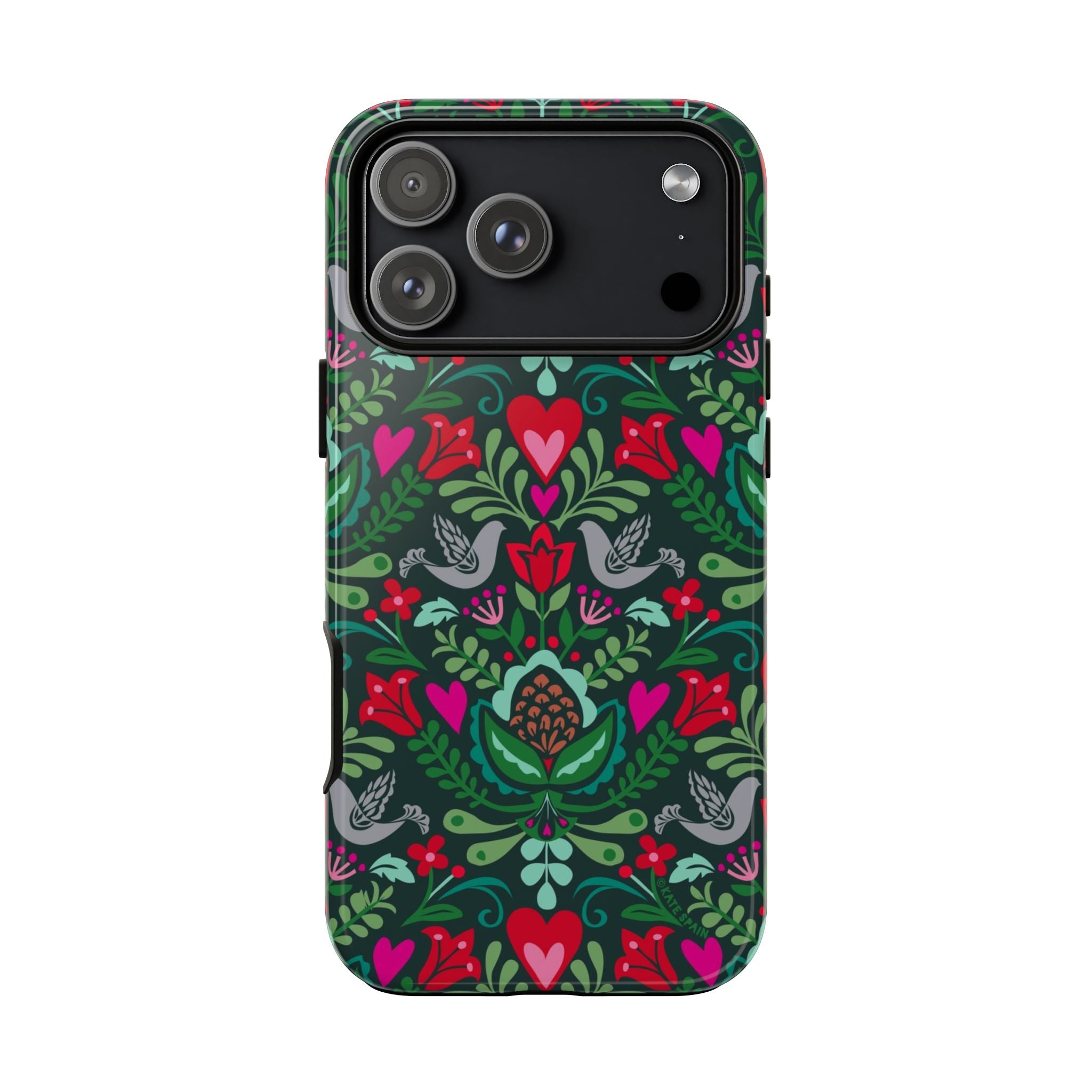 Rosemaling Tough iPhone 17 Pro Max Case – Glossy | dark green, red, pink, gray folk art floral bird print