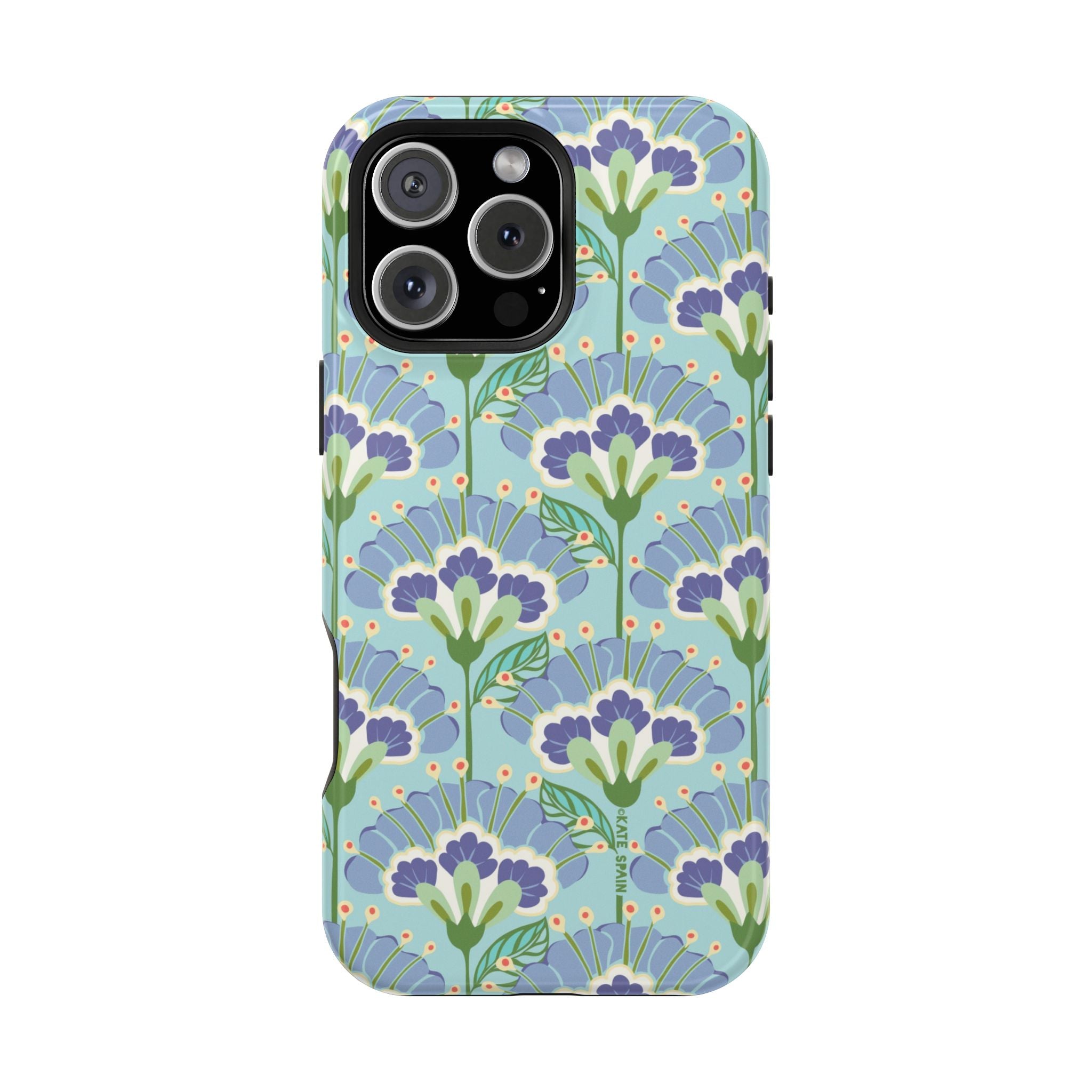Lantern Flower MagSafe iPhone 16 Pro Case – Matte | aqua, periwinkle, green botanical lantern floral print MagSafe compatible, dual-layer protection