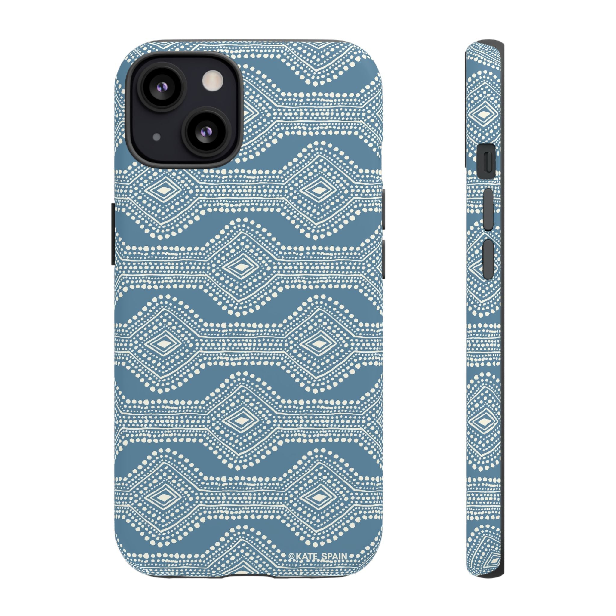 Diamond Dots Tough iPhone 13 Case – Glossy | steel blue, white diamond dot geometric print