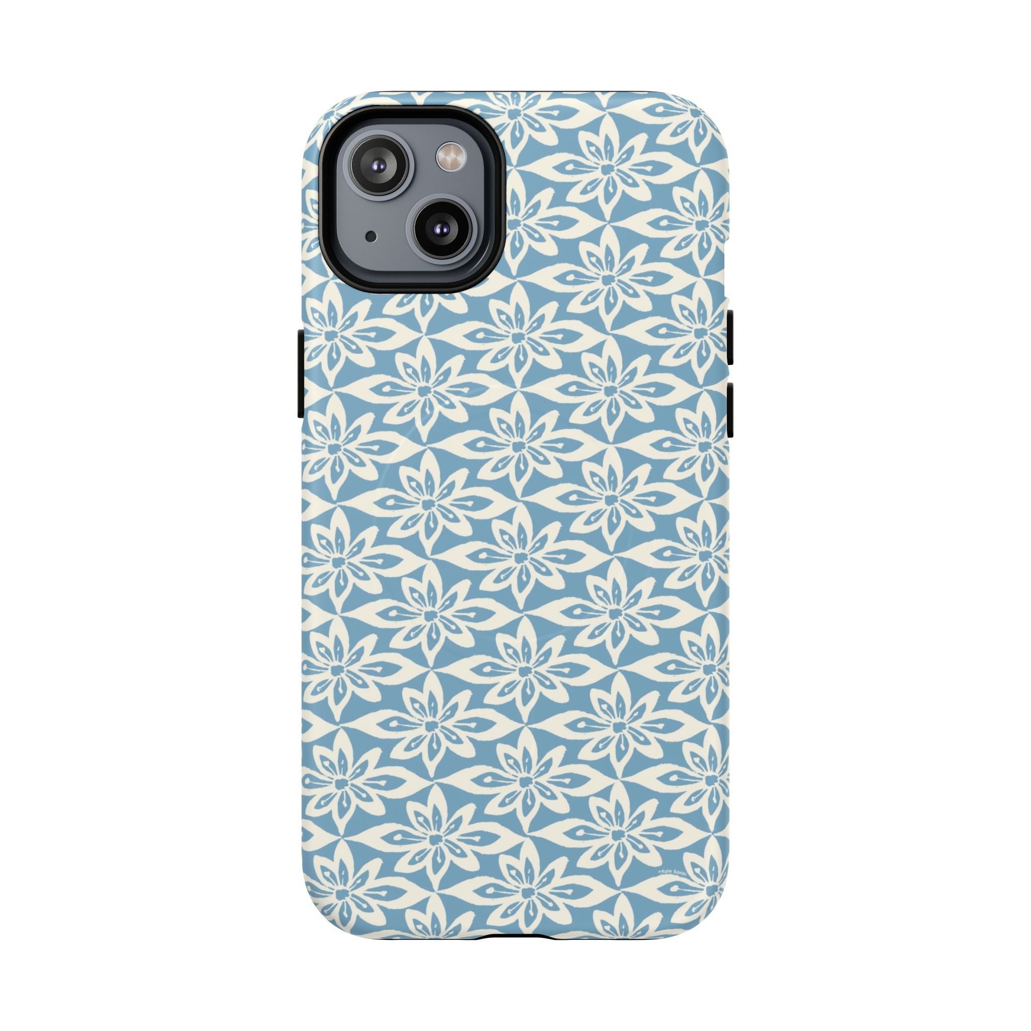 Lily Blue MagSafe iPhone 14 Plus Matte case — geometric white lily print on dusty blue by Kate Spain