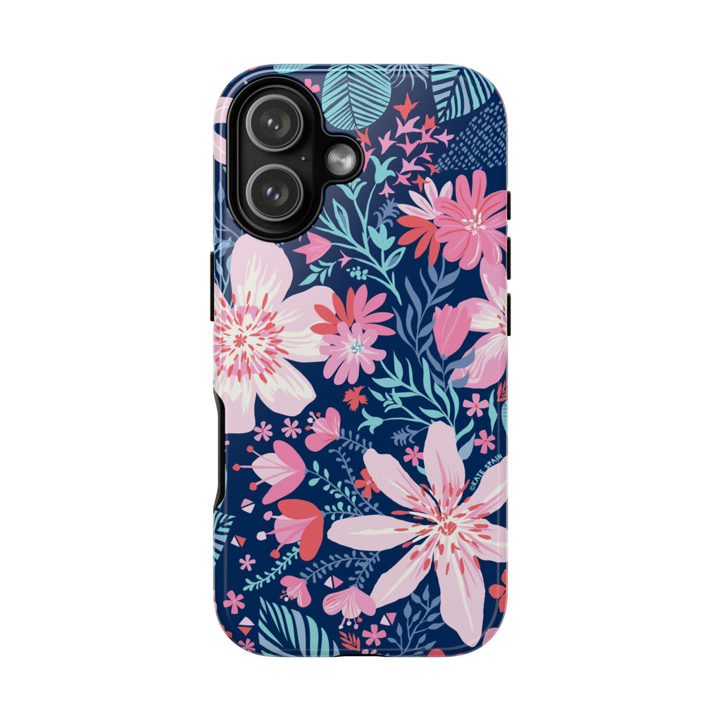Bonaire Tough iPhone 17 Case – Glossy | navy, pink, white tropical floral botanical print