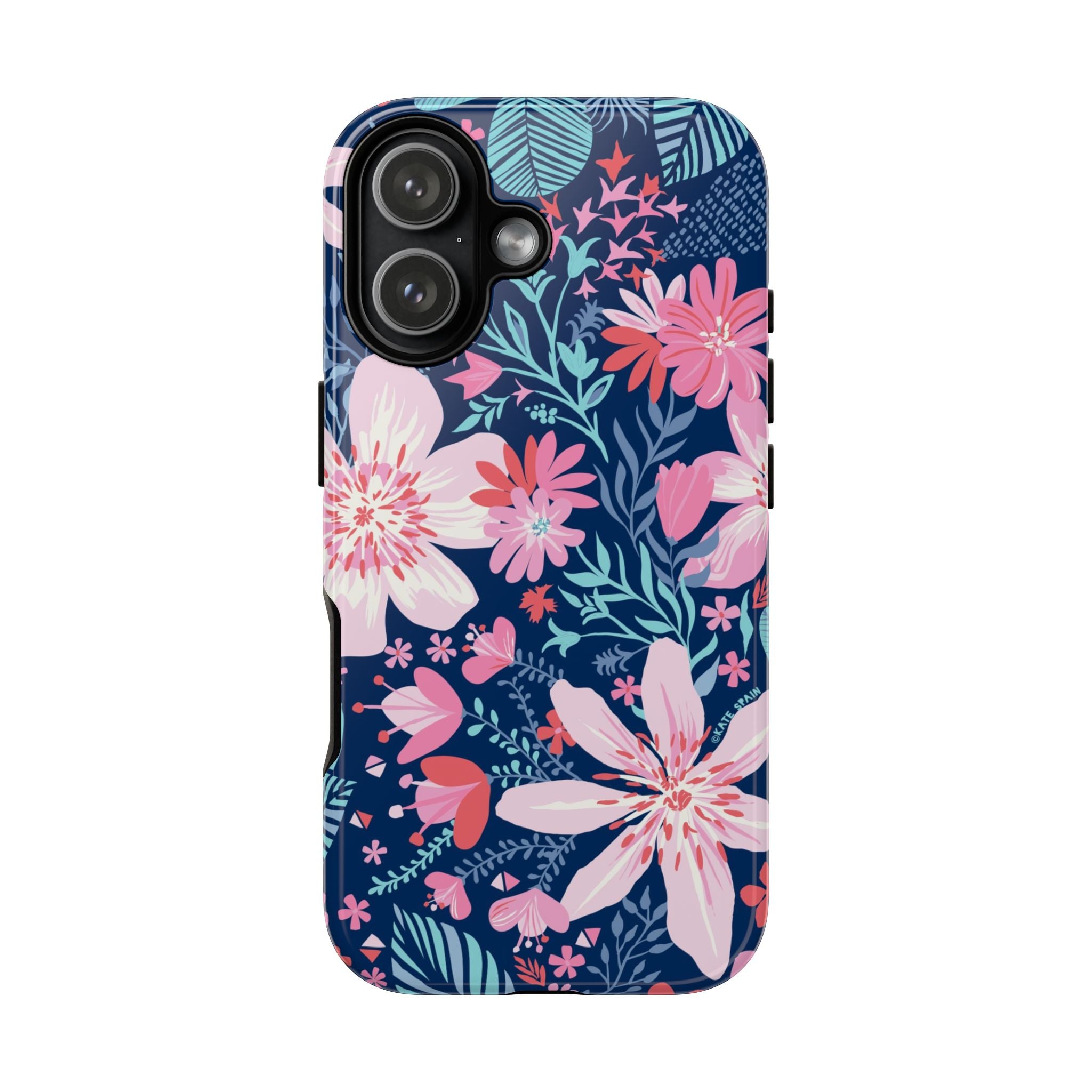 Bonaire Tough iPhone 17 Case – Glossy | navy, pink, white tropical floral botanical print