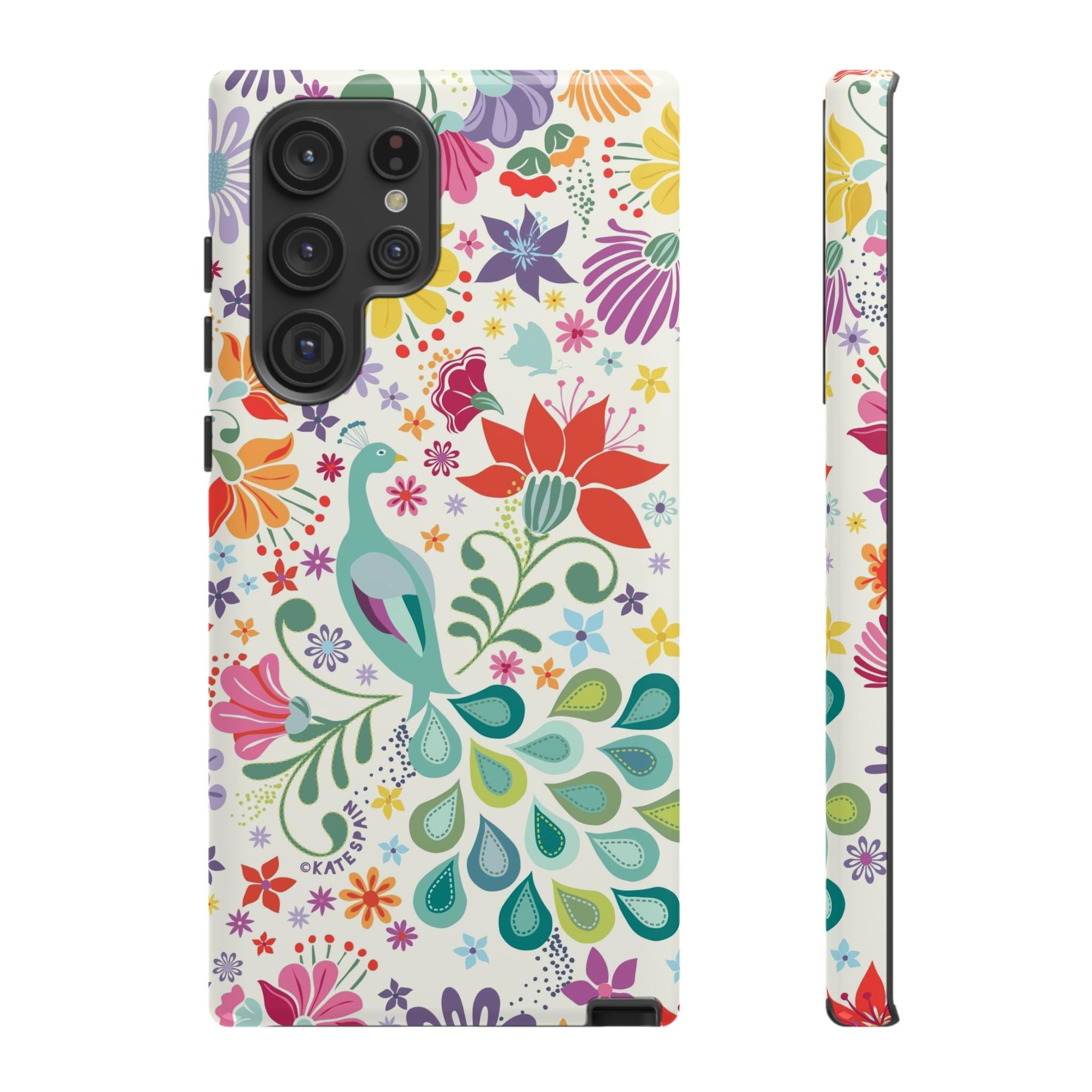 Luxury Peacock Sanctuary Samsung Galaxy S22 Ultra Case – Glossy | white, teal, coral multicolor vibrant peacock feather botanical print