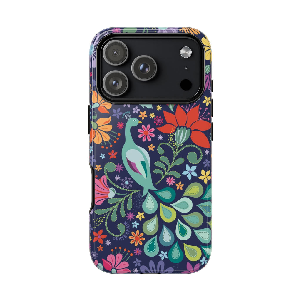 Peacock Sanctuary Tough iPhone 17 Pro Case – Glossy | navy, teal, coral multicolor vibrant peacock feather botanical print