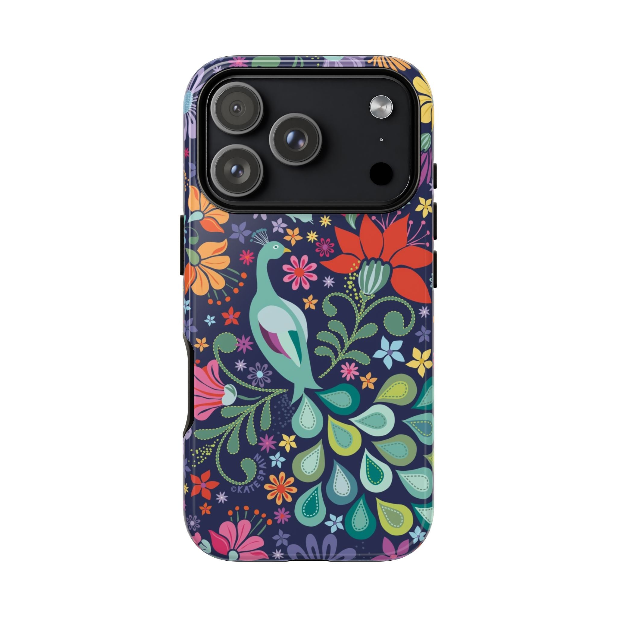 Peacock Sanctuary Tough iPhone 17 Pro Case – Glossy | navy, teal, coral multicolor vibrant peacock feather botanical print