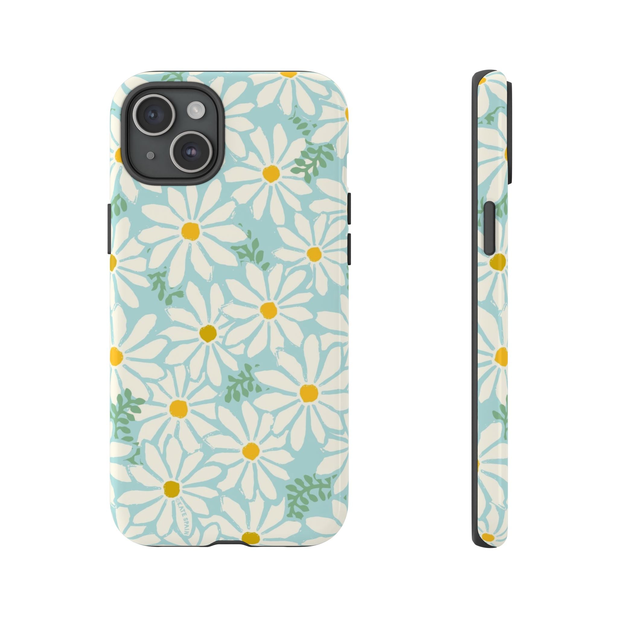 Daisies Tough iPhone 15 Plus Case – Glossy | mint, white, yellow botanical daisy floral print