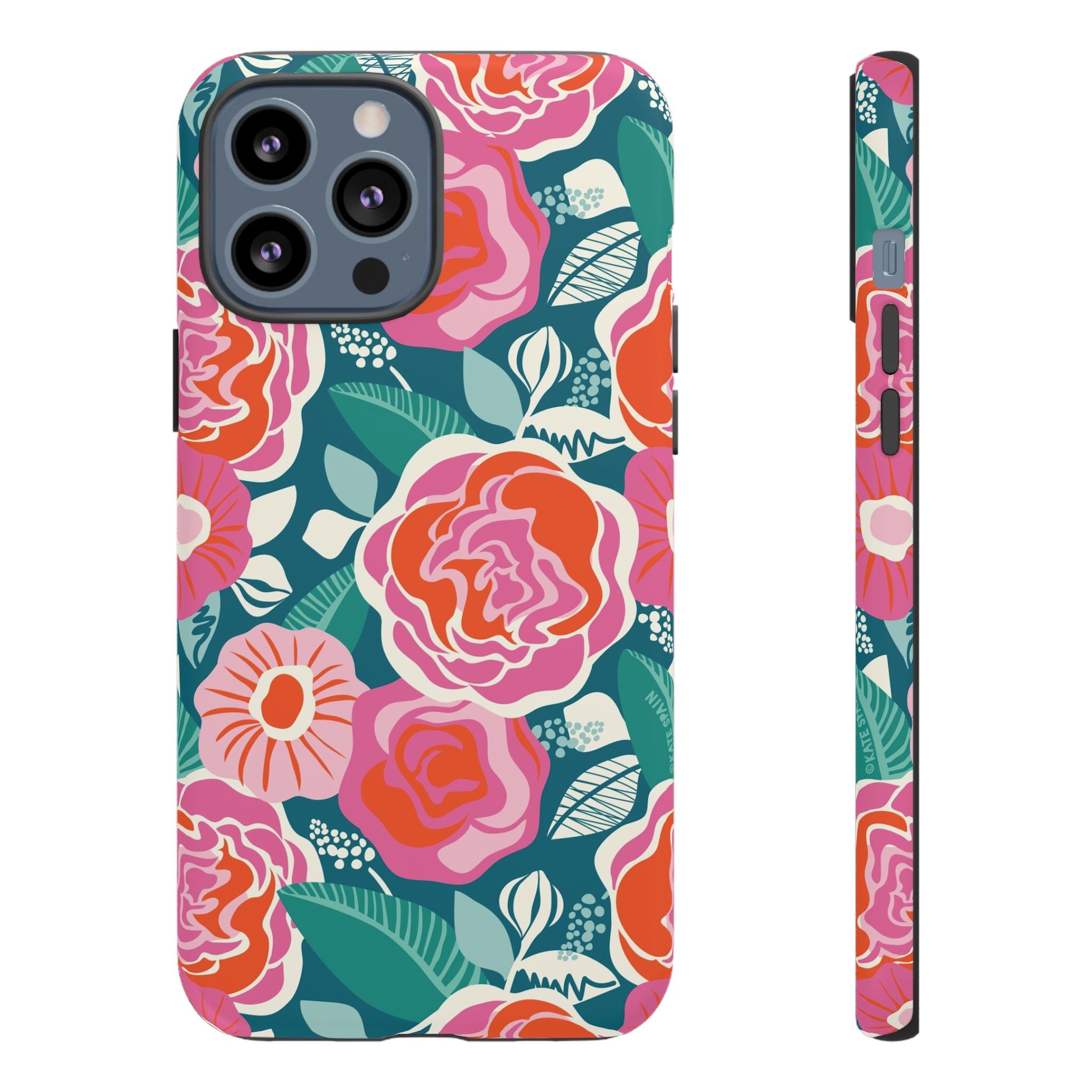 Tea Rose Teal Tough iPhone 13 Pro Max Case – Matte | teal, coral, pink botanical rose floral print