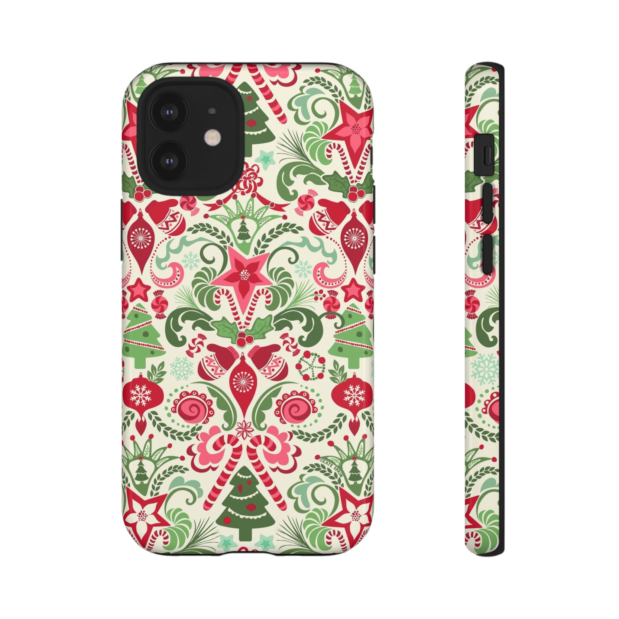 Wonderland Tough iPhone 12 Mini Case – Glossy | cream, red, green Christmas ornament damask print