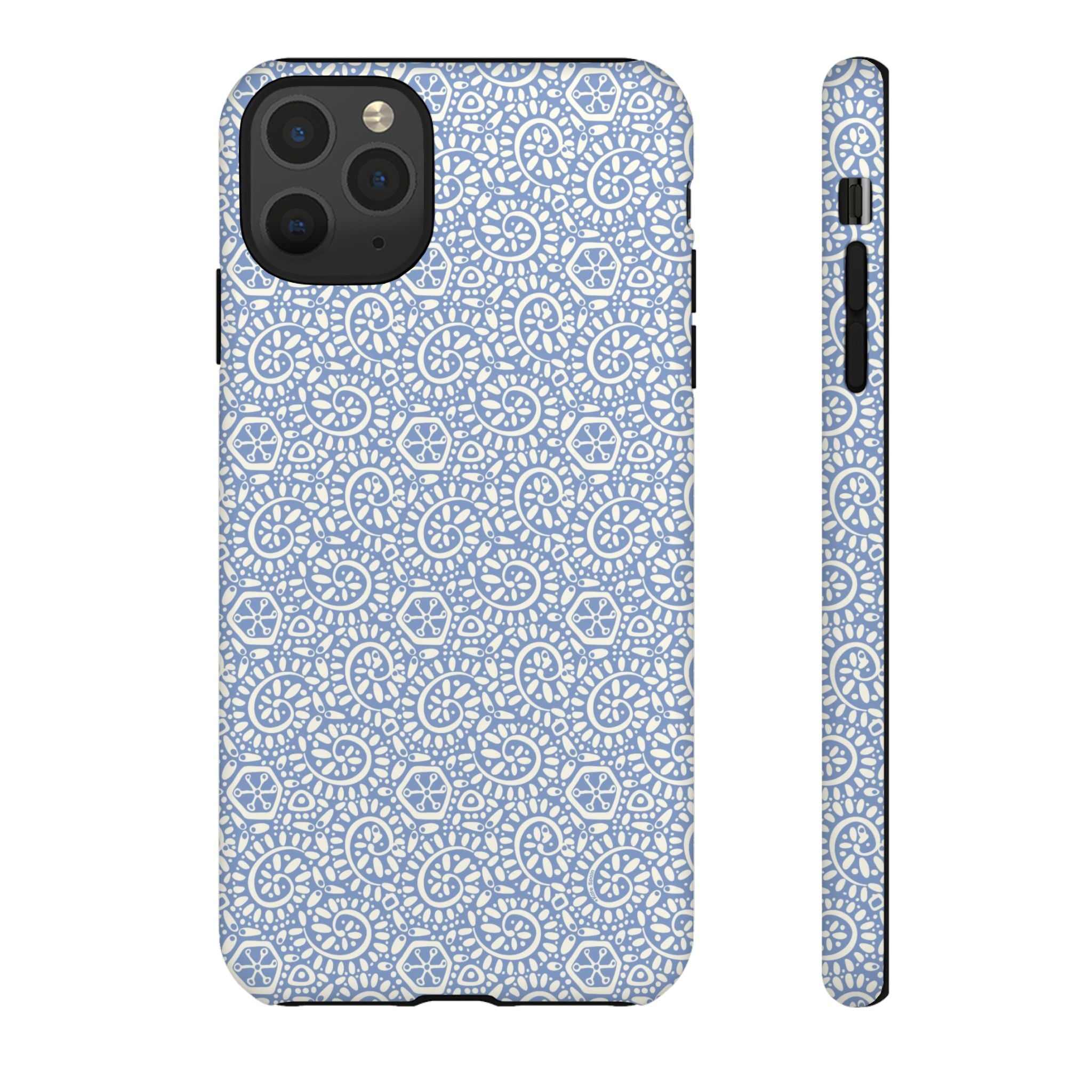 Canto Swirls Mist iPhone 11 Pro Max Matte Case — periwinkle blue hard case covered in an intricate folk-art medallion pattern of radiating white circular motifs, dot clusters, and geometric centers