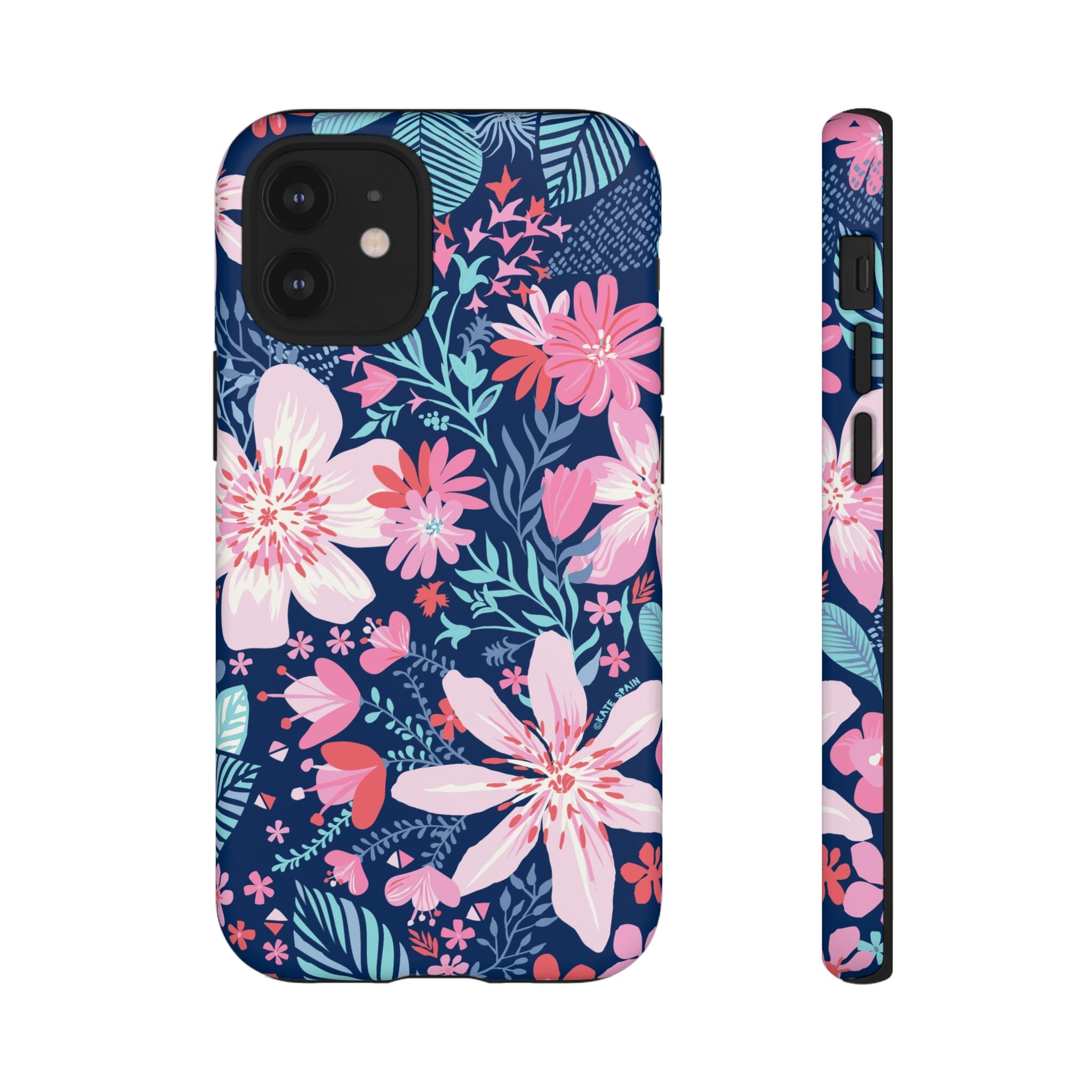 Bonaire Tough iPhone 12 Mini Case – Matte | navy, pink, white tropical floral botanical print