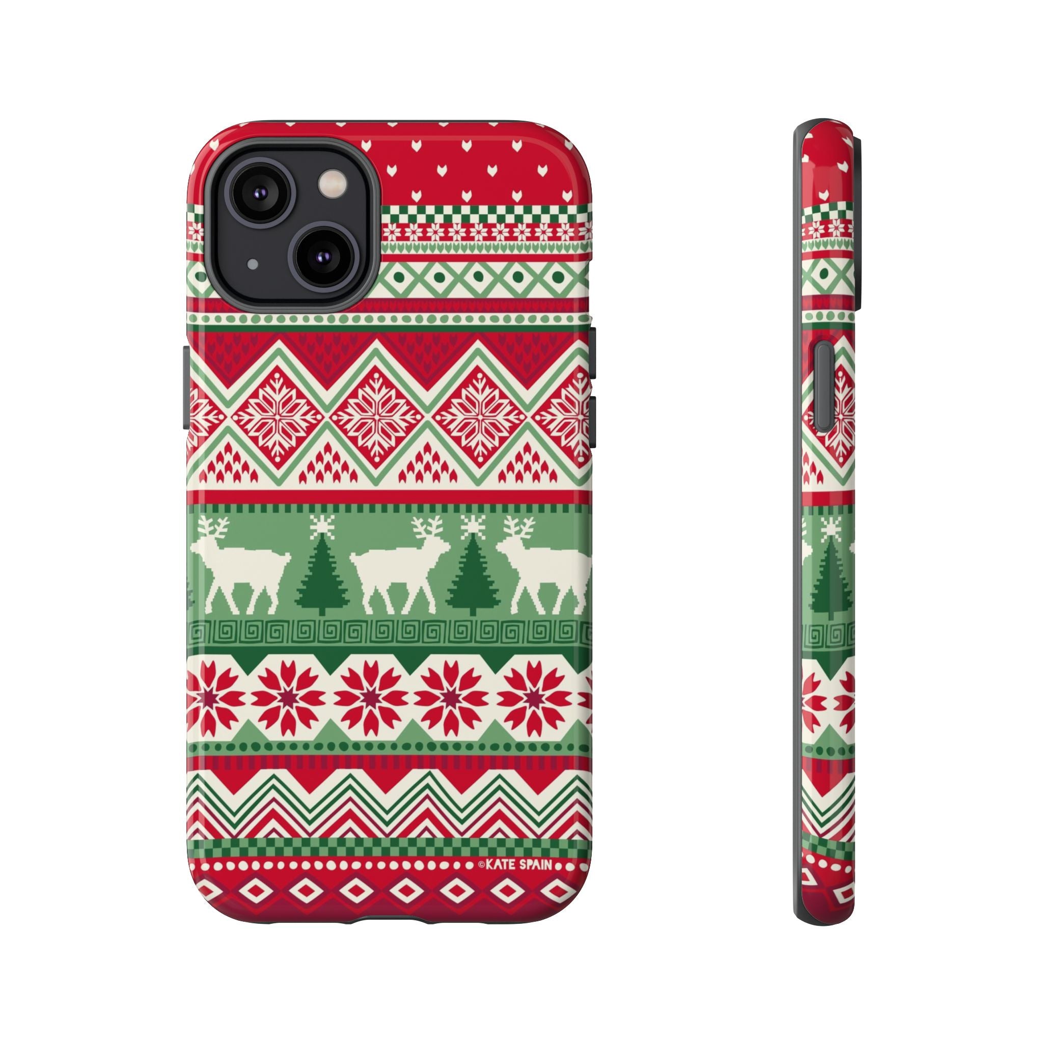 Telemark Tough iPhone 14 Plus Case – Glossy | red, green, cream fair isle reindeer Nordic print