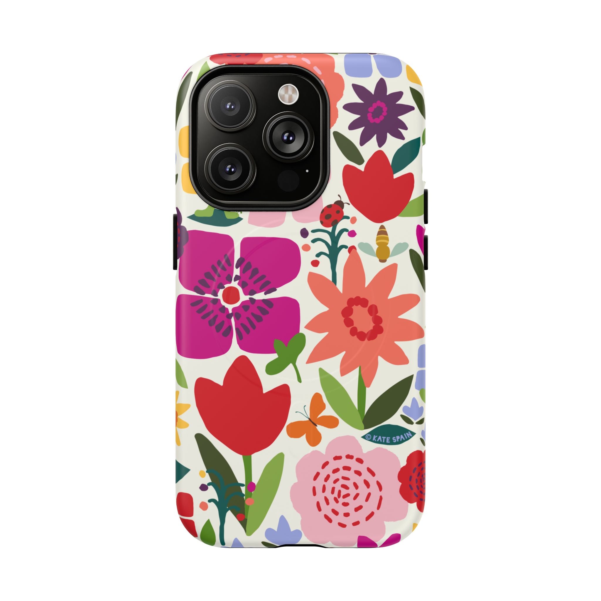 Happy Blooms MagSafe iPhone 14 Pro Case – Matte | cream, red, magenta, coral botanical floral print
