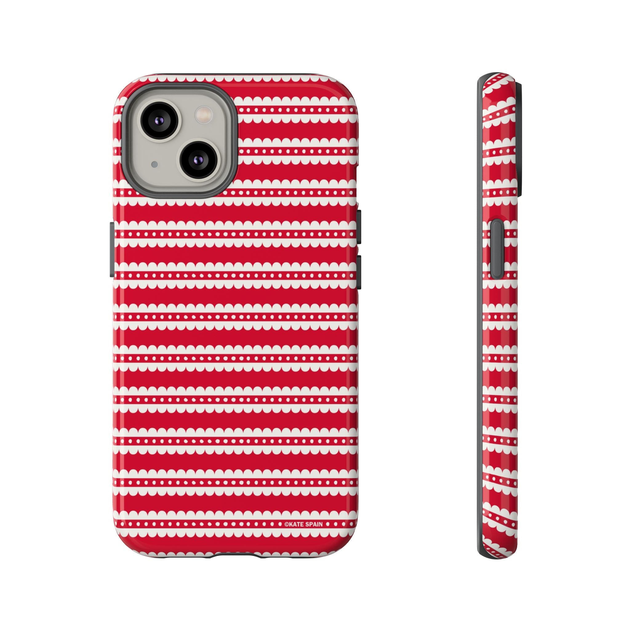 Candy Cane Stripe Tough iPhone 14 Case – Glossy | red, cream scalloped candy cane stripe print