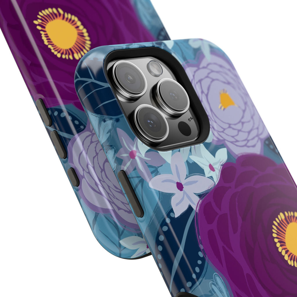 Bloomerie MagSafe iPhone 16 Pro Max Case Glossy – side profile showing 3-lens camera in slim fit | navy, purple, magenta botanical peony floral print
