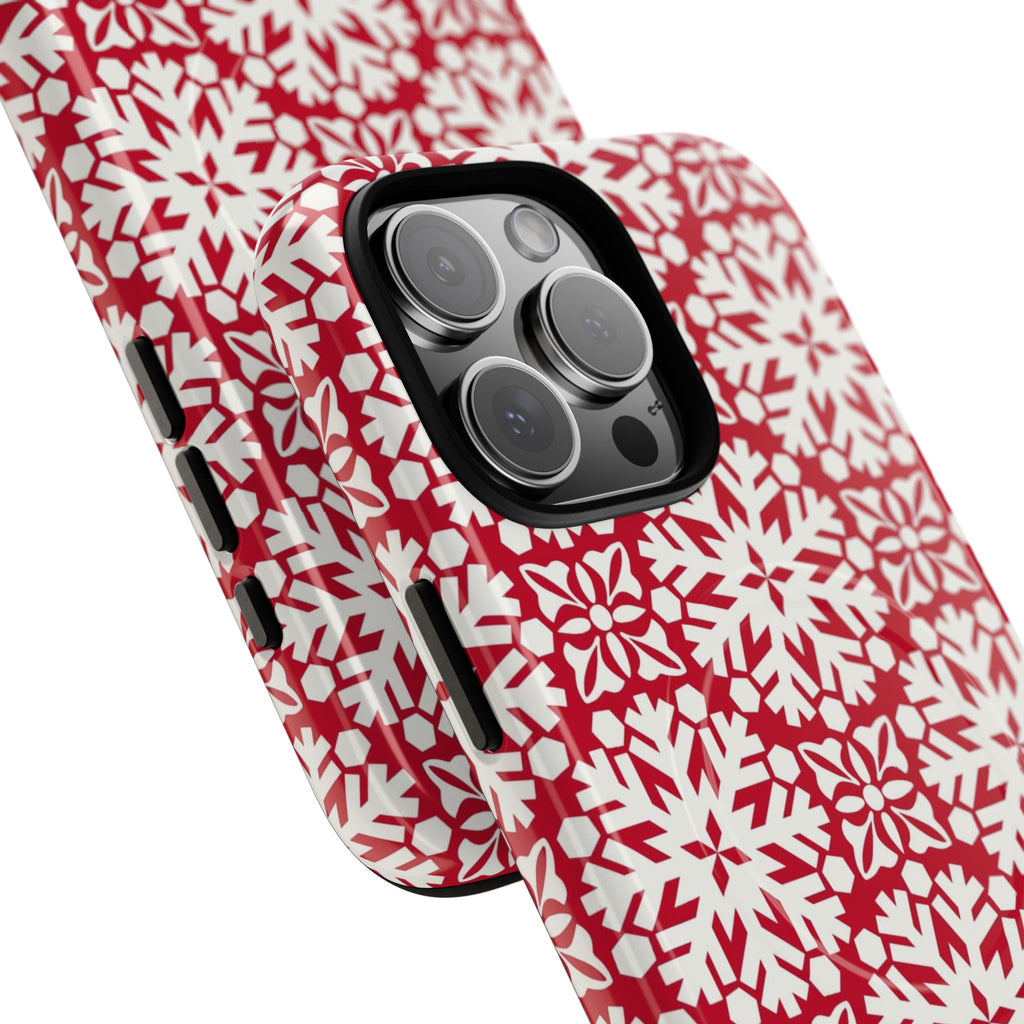 Flurry MagSafe iPhone 16 Pro Max Case – Glossy | angled view closeup of camera cutout and buttons | red and cream geometric snowflake tile print
