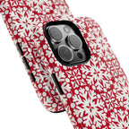 Flurry MagSafe iPhone 16 Pro Max Case – Glossy | angled view closeup of camera cutout and buttons | red and cream geometric snowflake tile print
