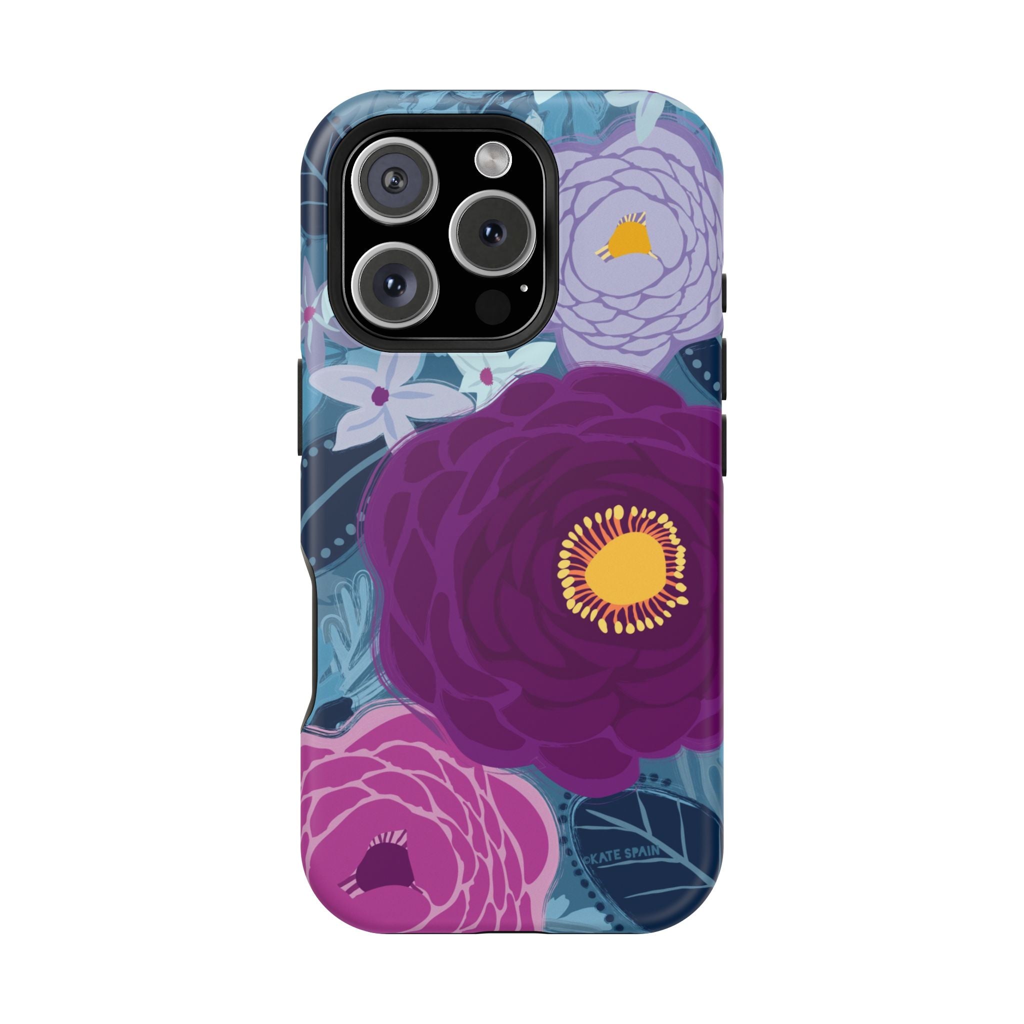 Bloomerie MagSafe iPhone 16 Pro Case – Glossy | navy, purple, magenta botanical peony floral print