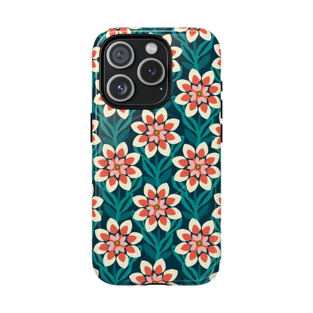Modern Dahlia MagSafe iPhone 15 Pro Case – Glossy | teal, coral, cream botanical dahlia floral print