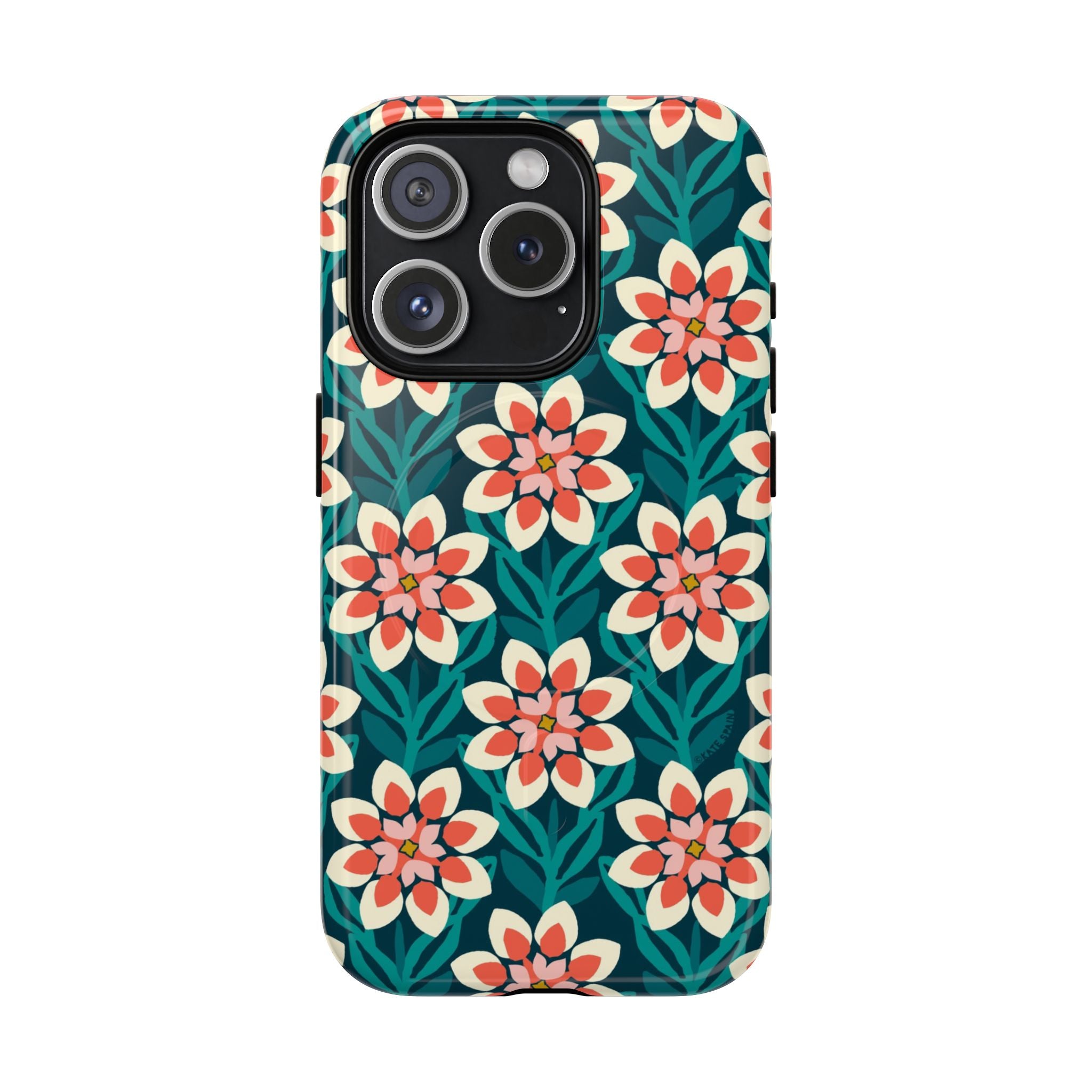 Modern Dahlia MagSafe iPhone 15 Pro Case – Glossy | teal, coral, cream botanical dahlia floral print