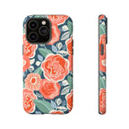 Tea Rose Navy Tough iPhone 15 Case – Glossy | navy, coral, pink, cream rose floral print