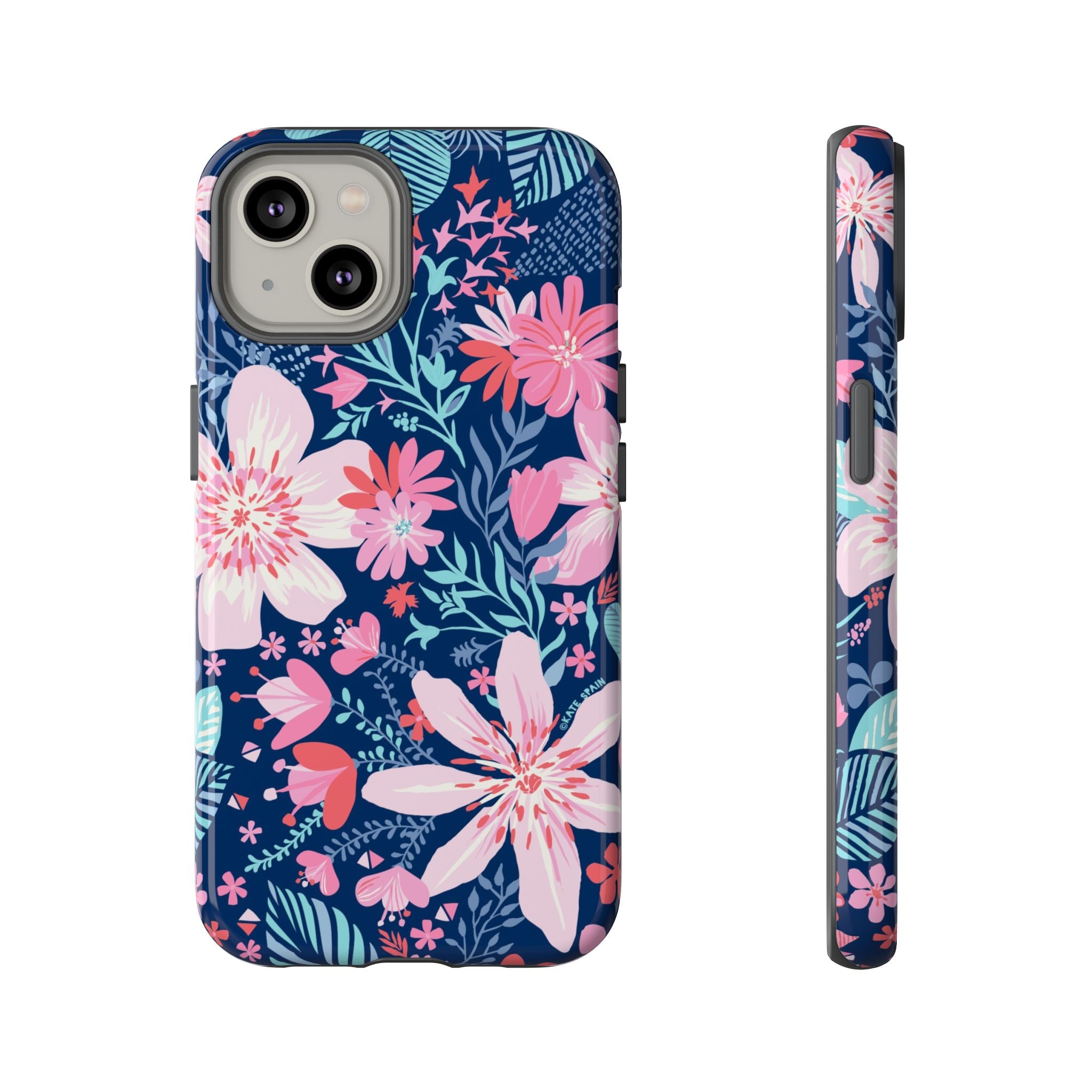 Bonaire Tough iPhone 14 Case – Glossy | navy, pink, white tropical floral botanical print