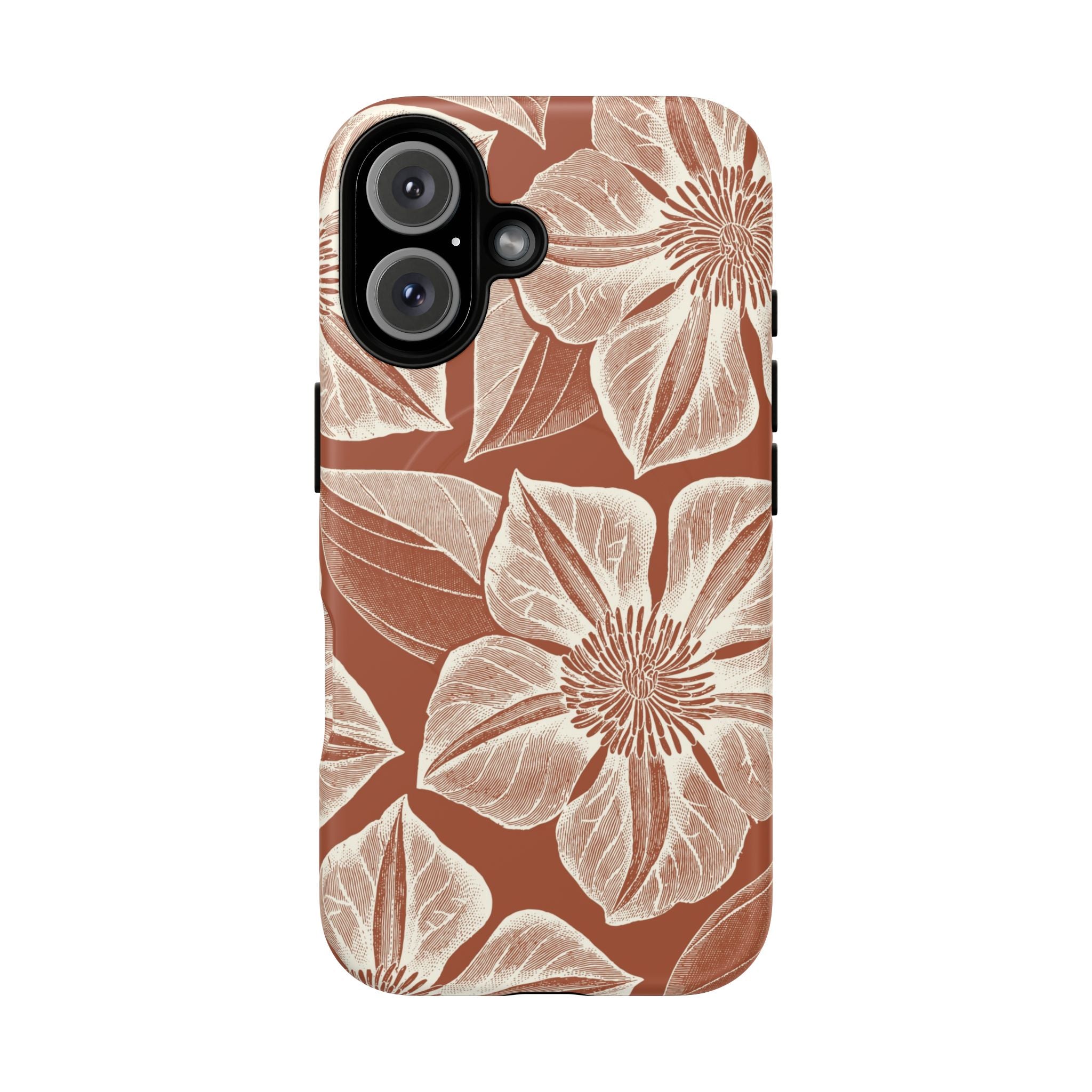 Vintage Bloom Sienna MagSafe iPhone 16 – Matte | sienna ground, large-scale cream clematis print, engraved petal detail, dual-layer protection